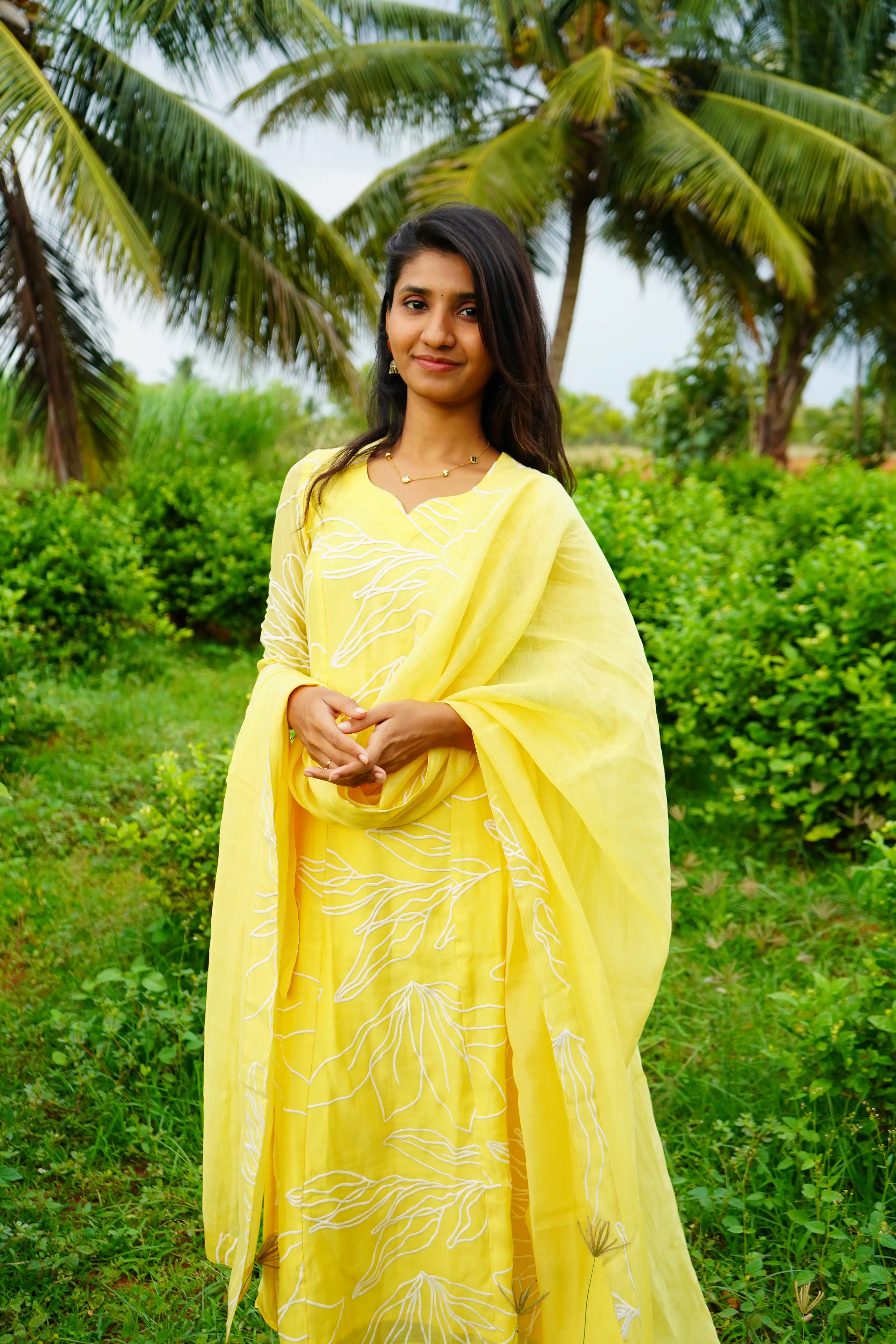 LEMON-YELLOW Applique MUl CHANDERI Aline Salwar suits