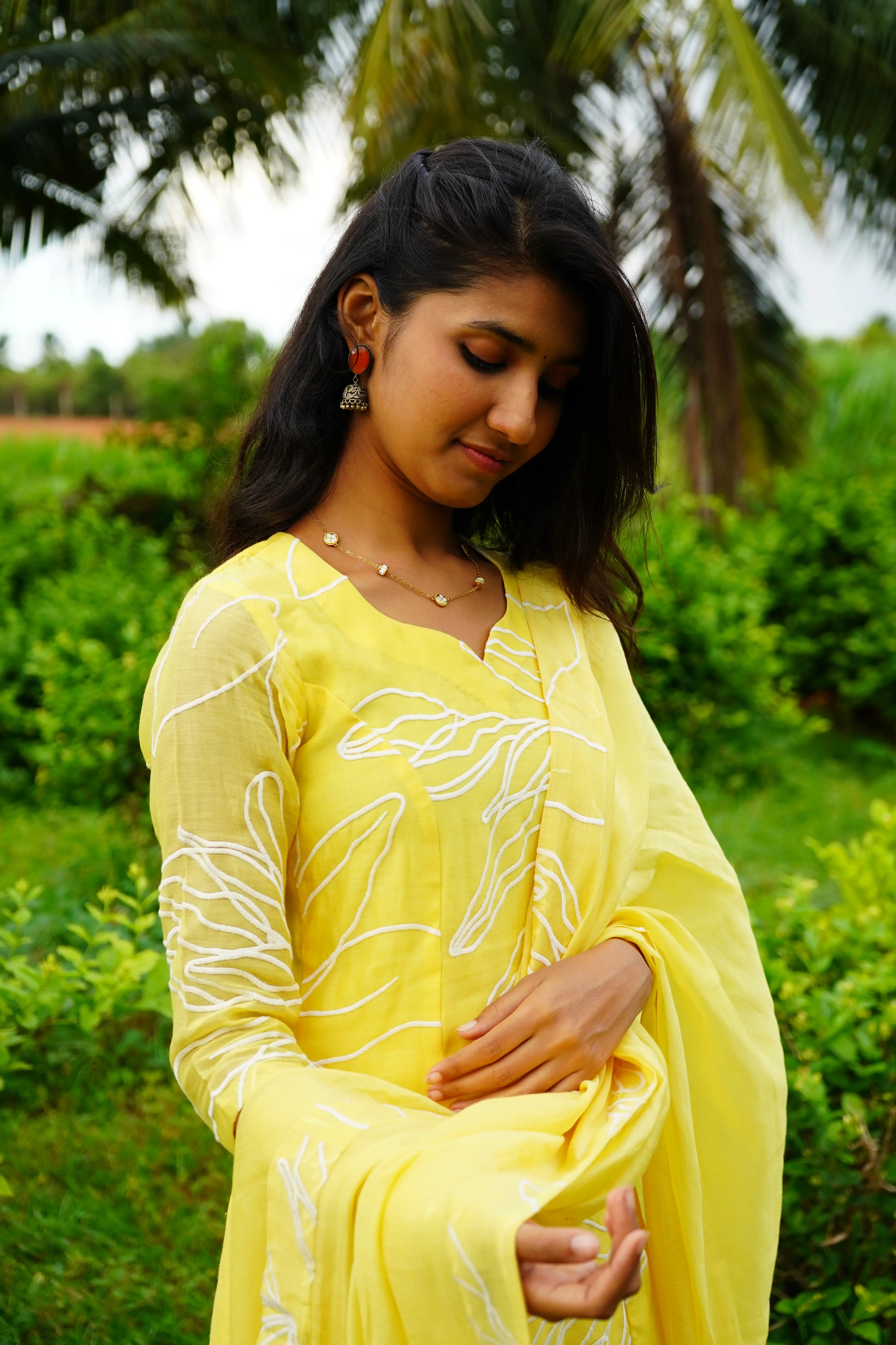 LEMON-YELLOW Applique MUl CHANDERI Aline Salwar suits