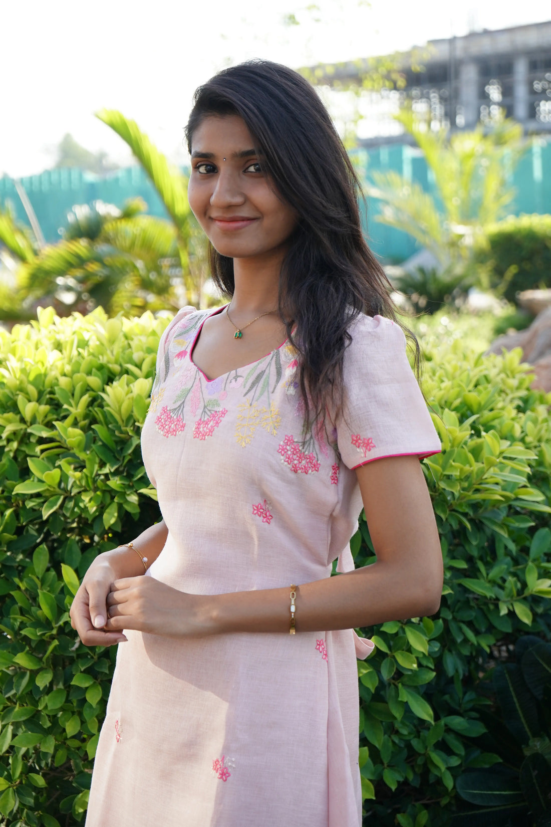 Peach floral pattern Aline linen Frock