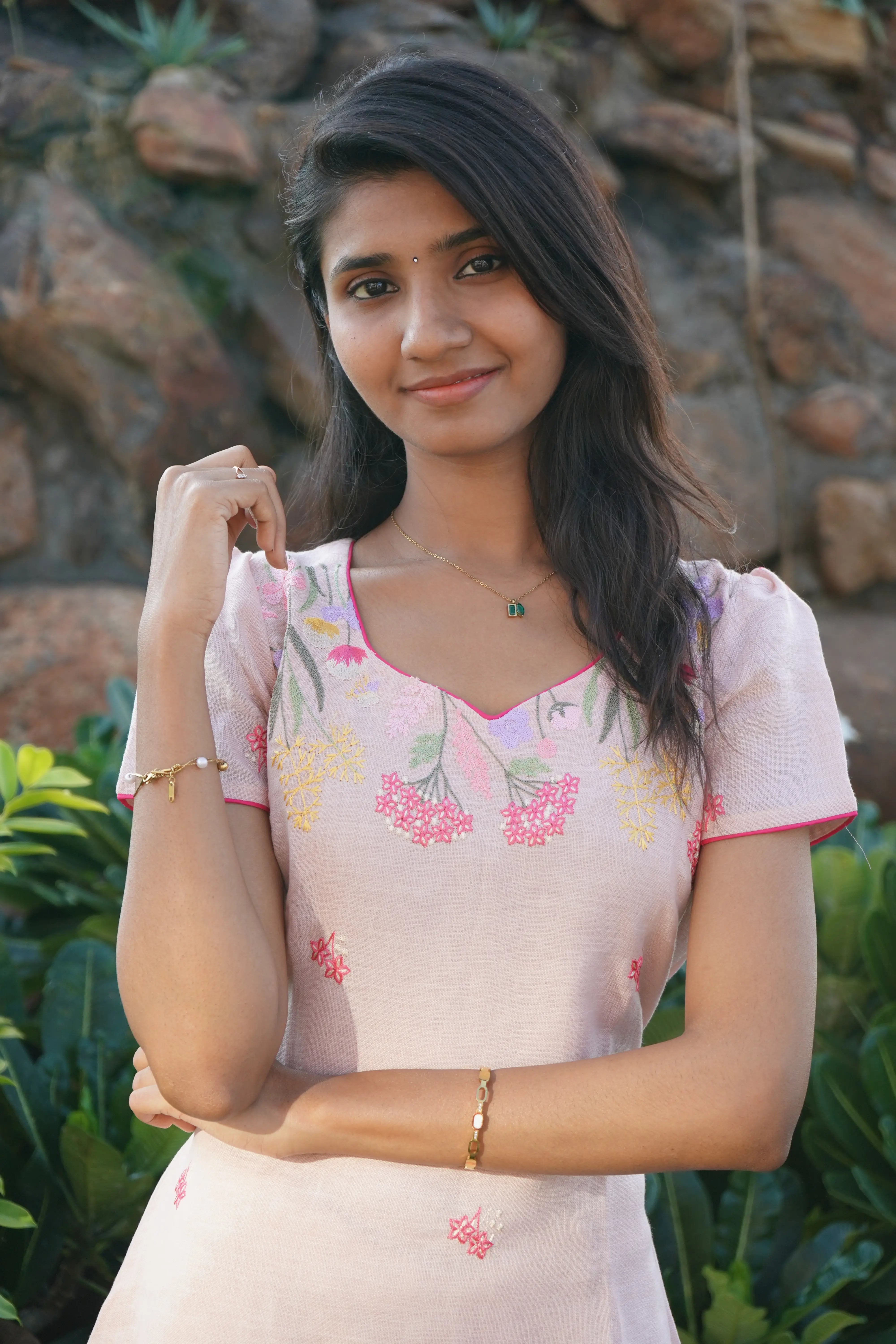 Peach floral pattern Aline linen Frock