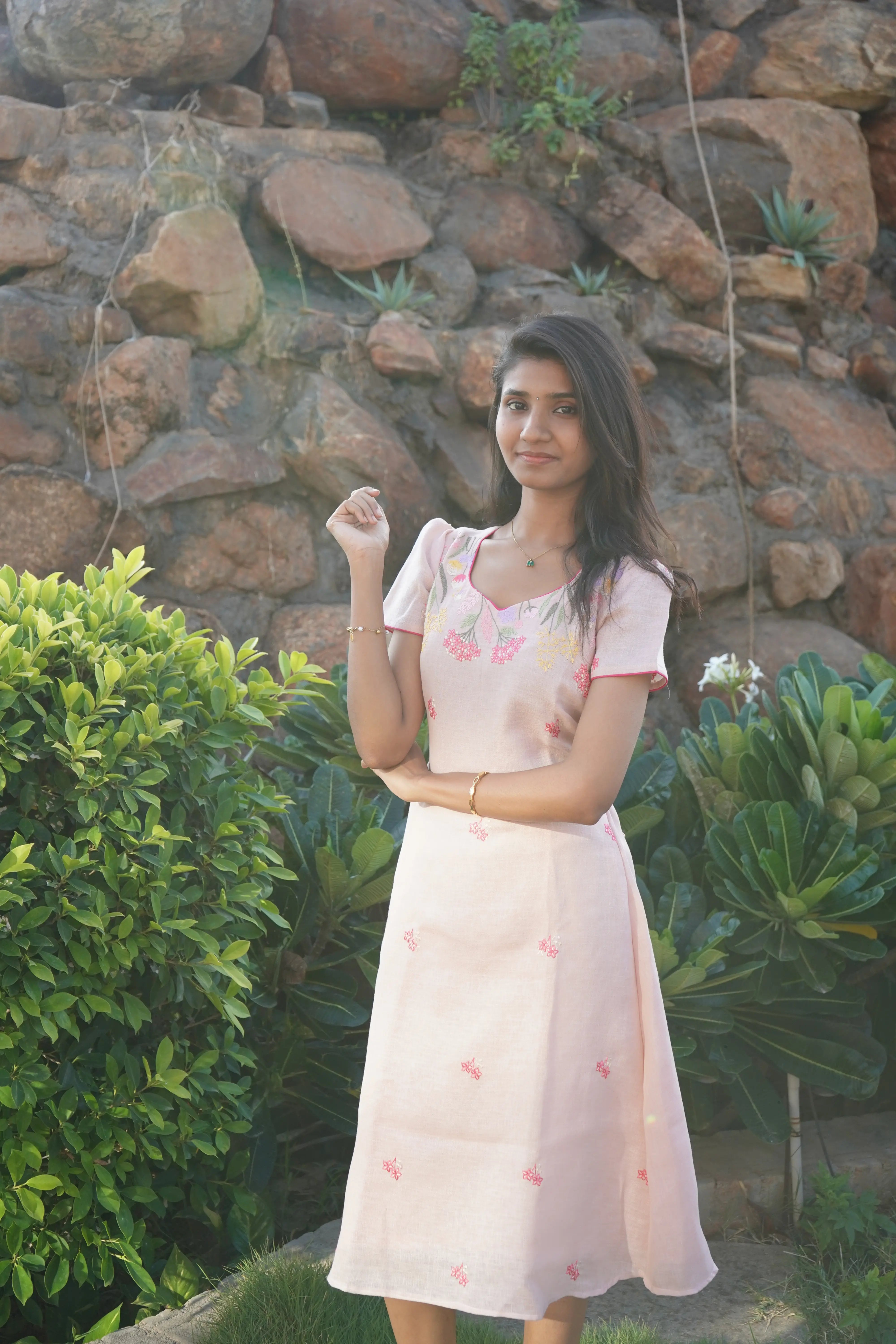 Peach floral pattern Aline linen Frock