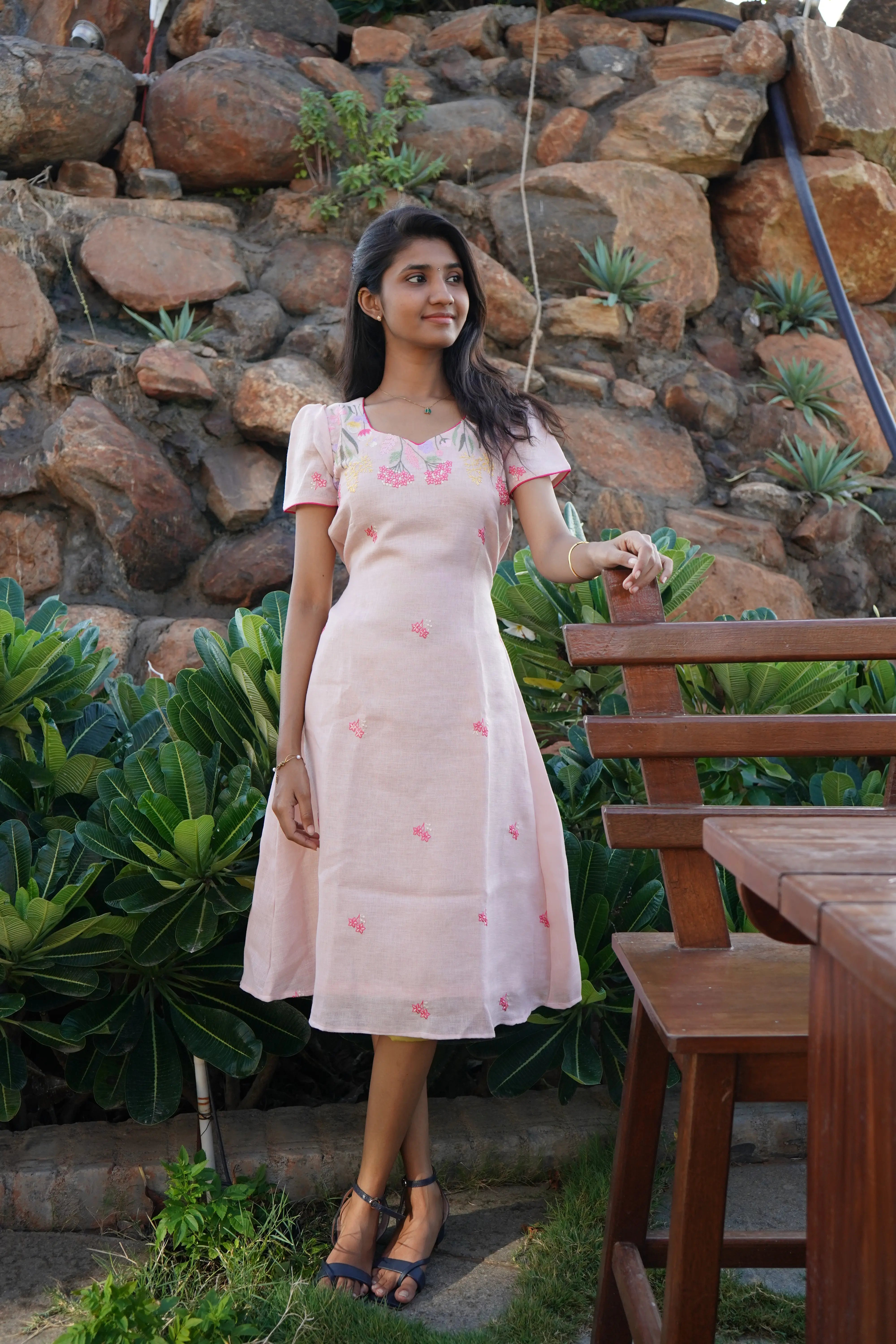Peach floral pattern Aline linen Frock
