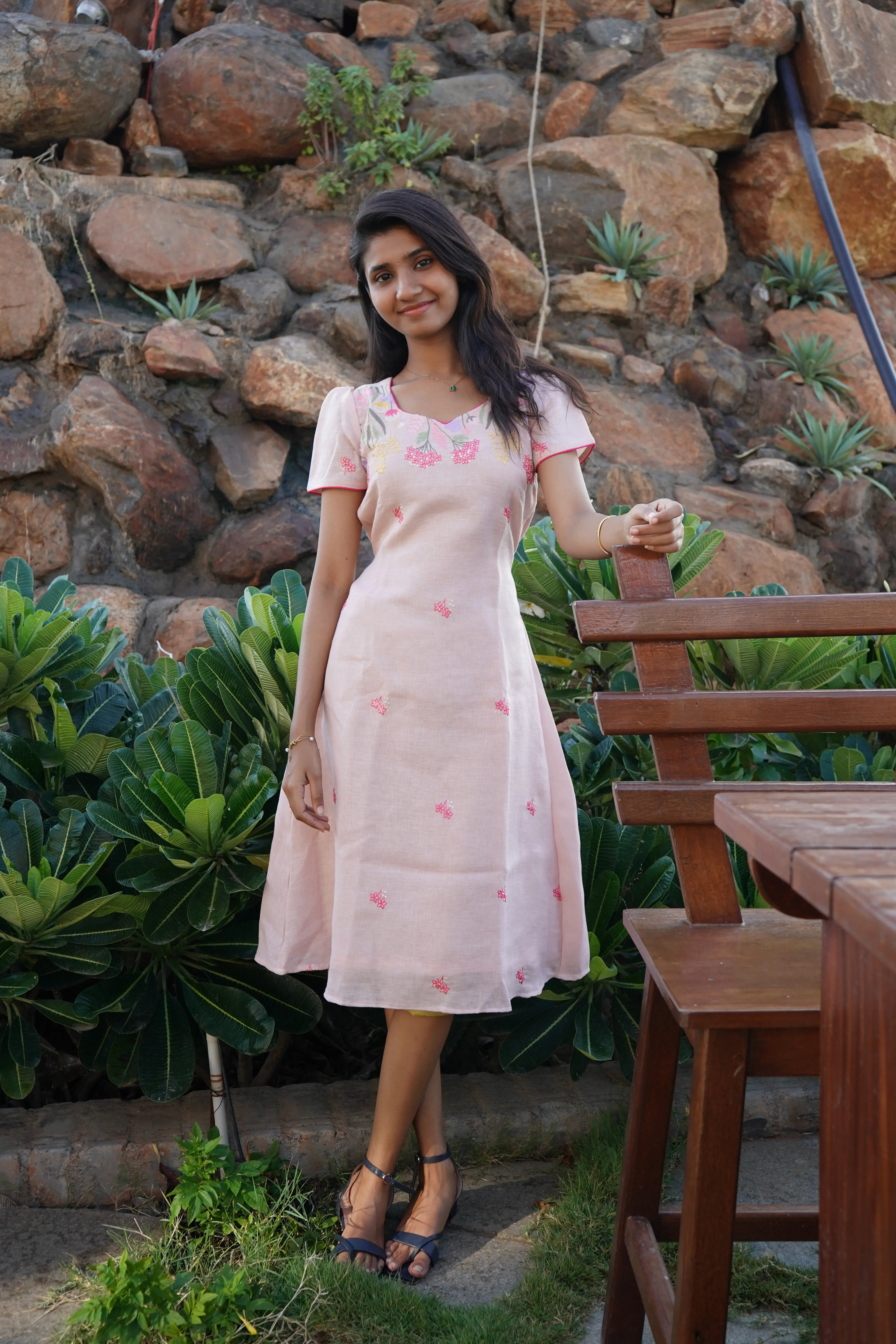 Peach floral pattern Aline linen Frock