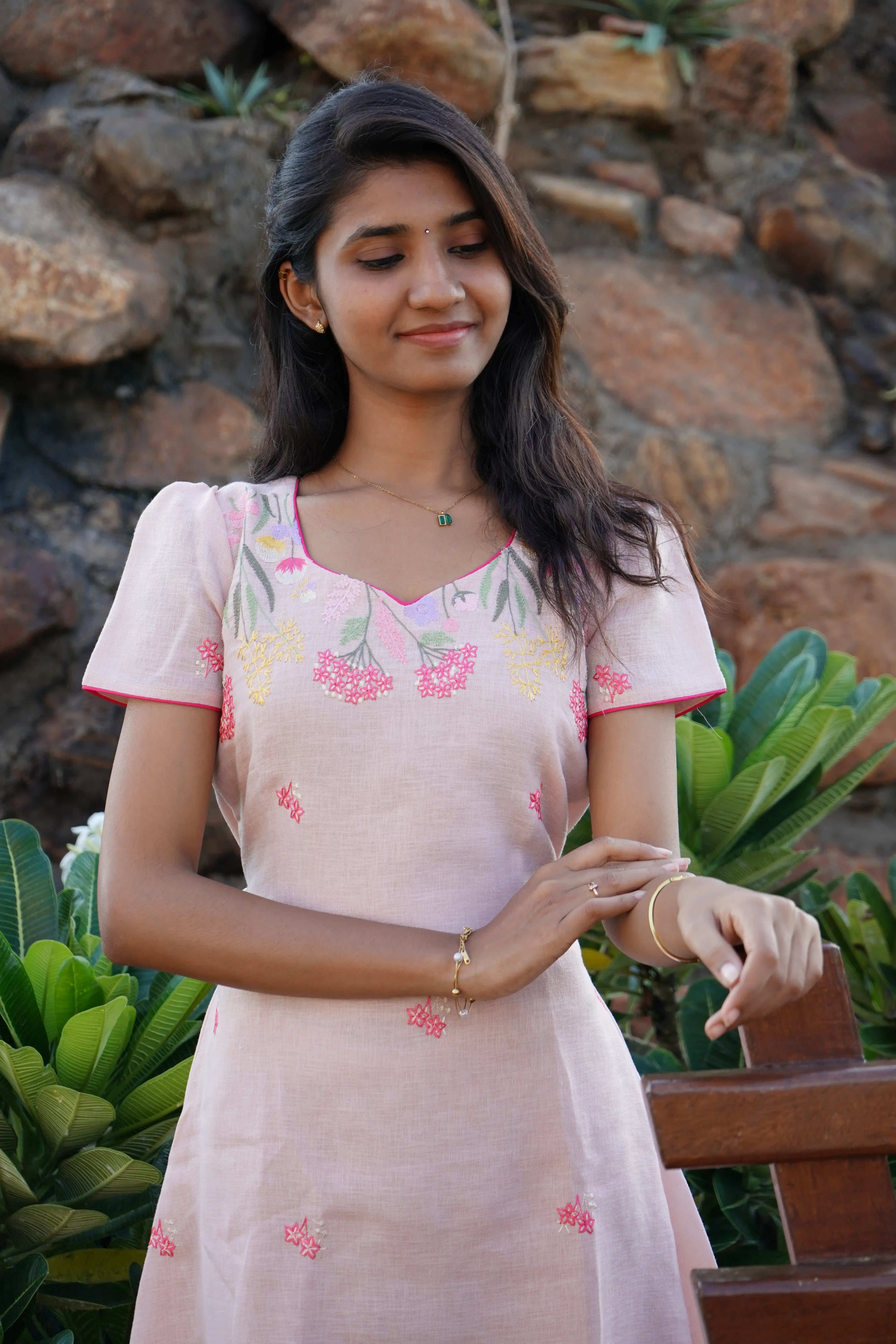 Peach floral pattern Aline linen Frock