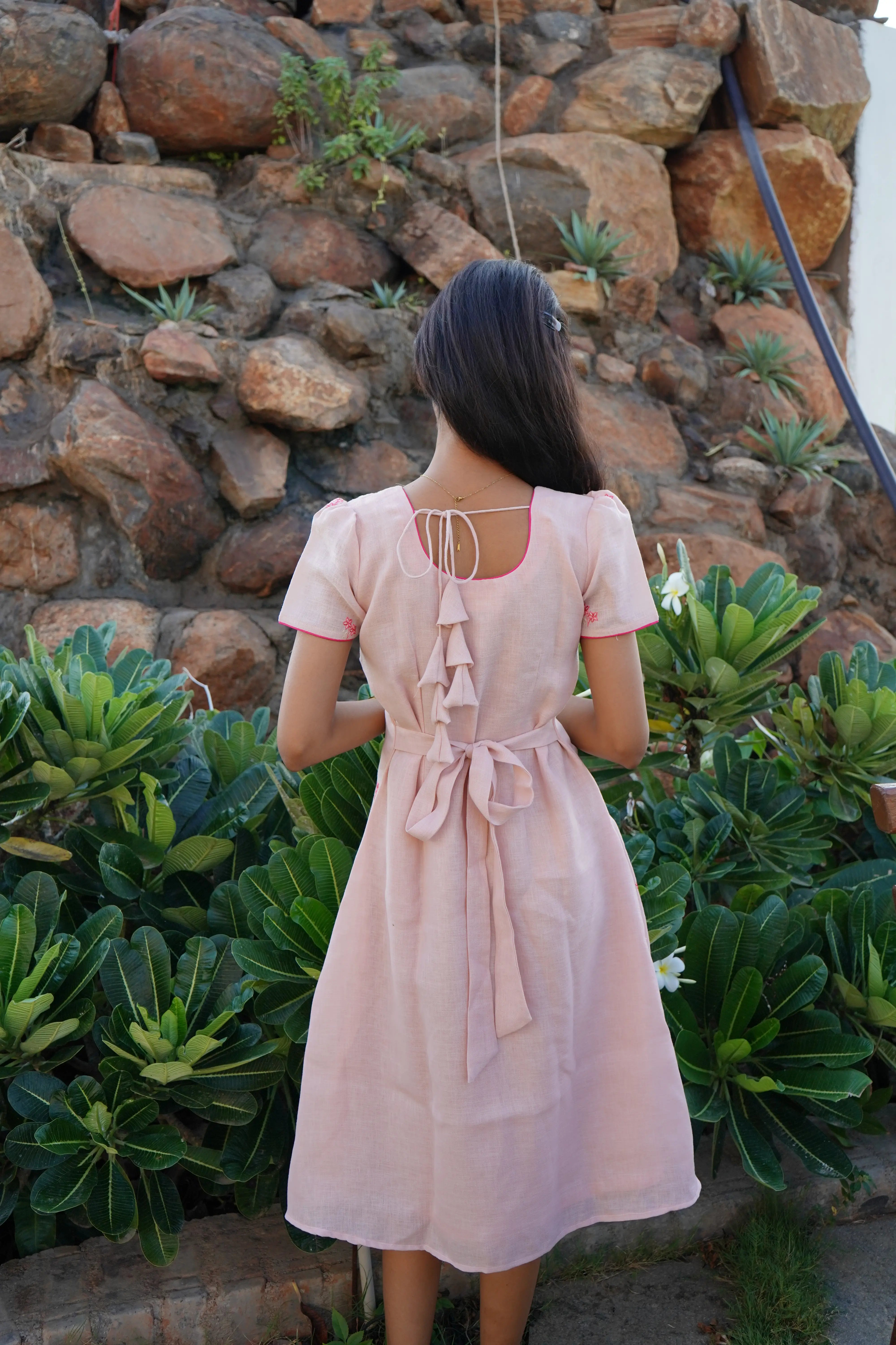 Peach floral pattern Aline linen Frock