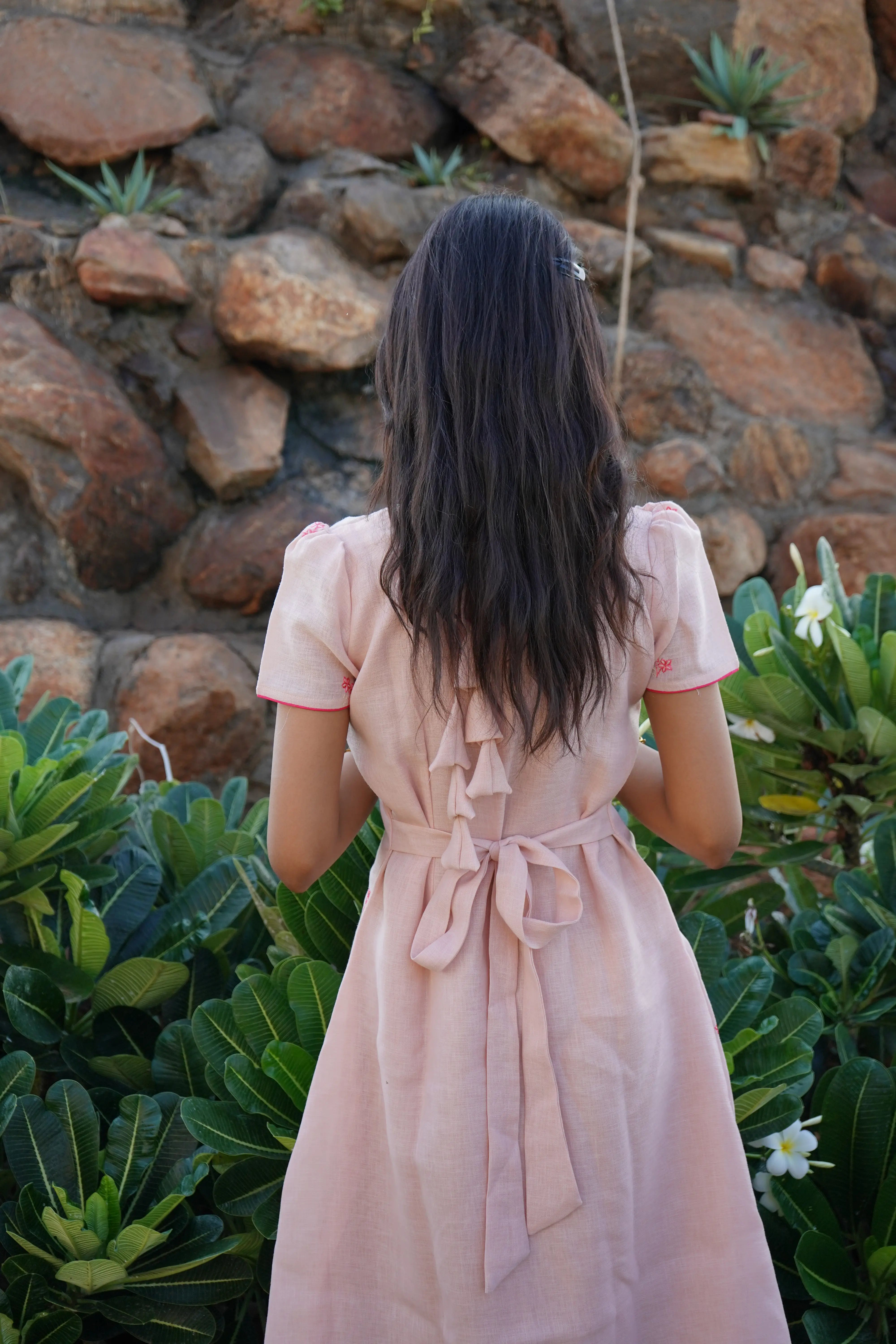 Peach floral pattern Aline linen Frock