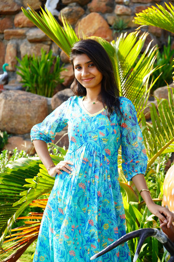 Skyblue Floral Aline Frock
