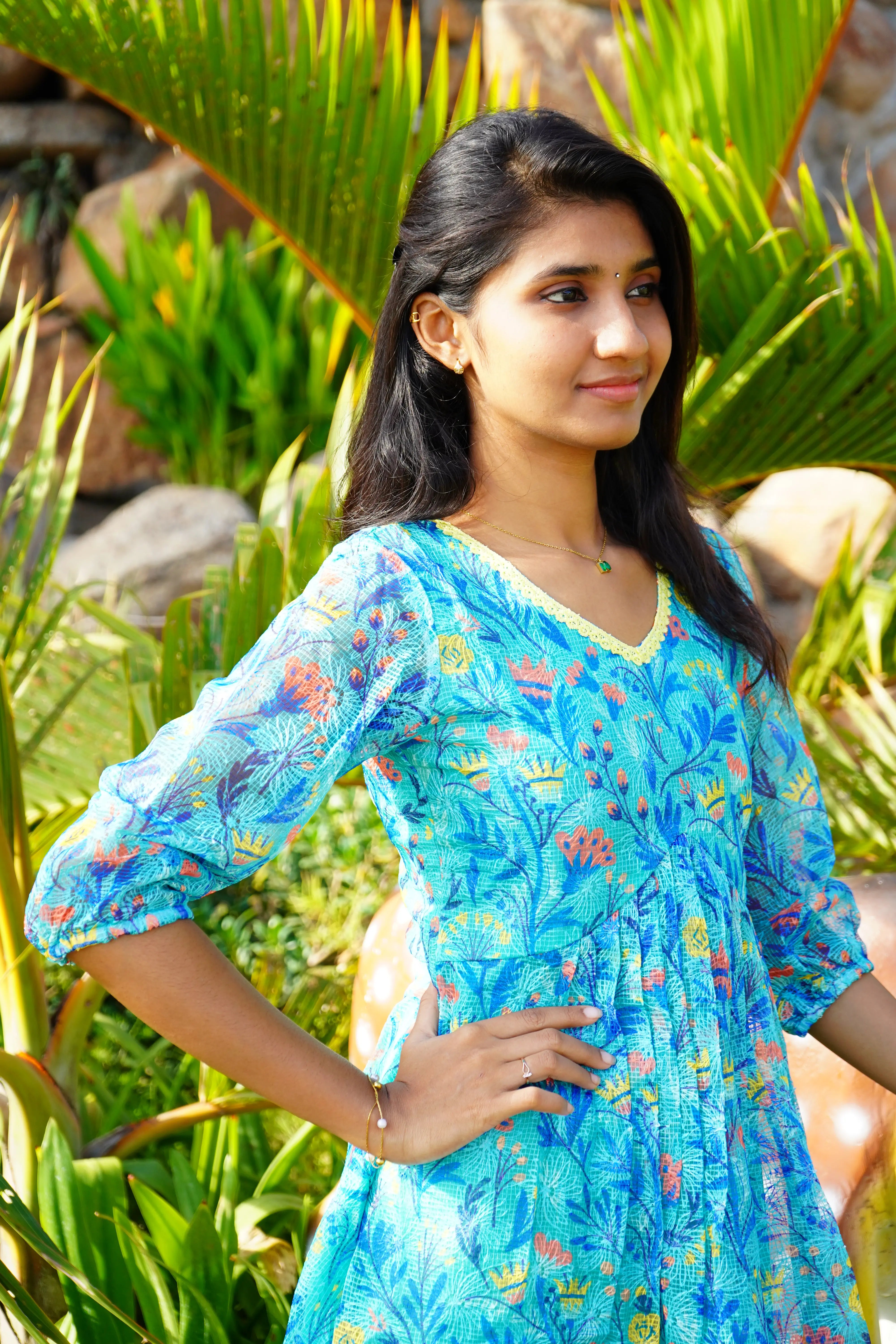 Skyblue Floral Aline Frock