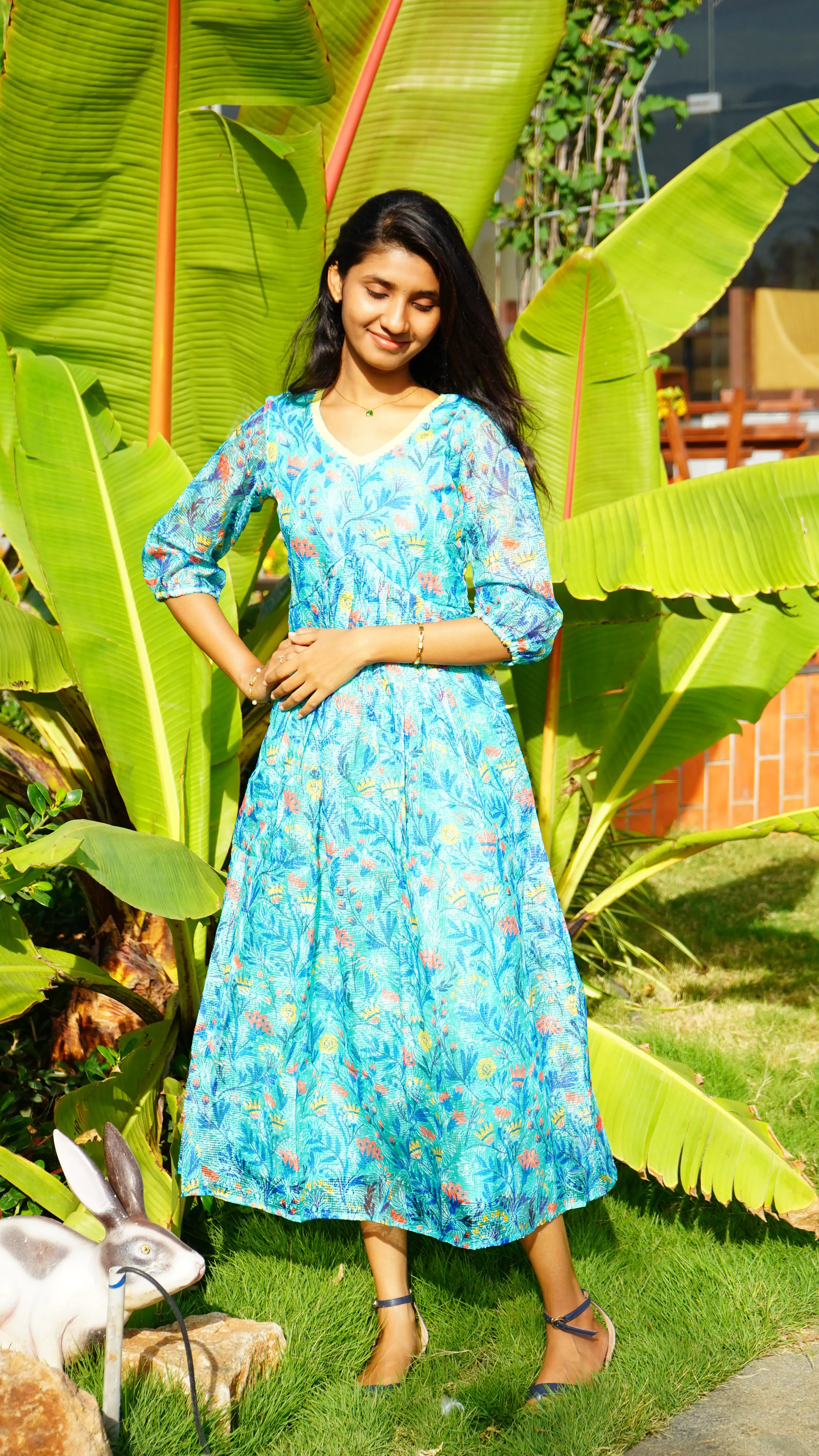 Skyblue Floral Aline Frock