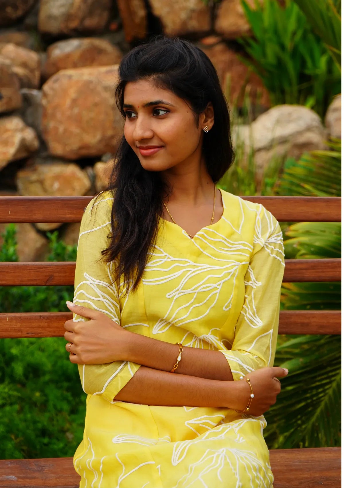 LEMON-YELLOW HAND EMBROIDERY MUl CHANDERI Aline Kurti