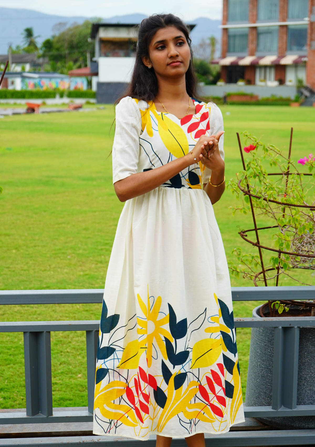 Floral White Cotton Midi Dress