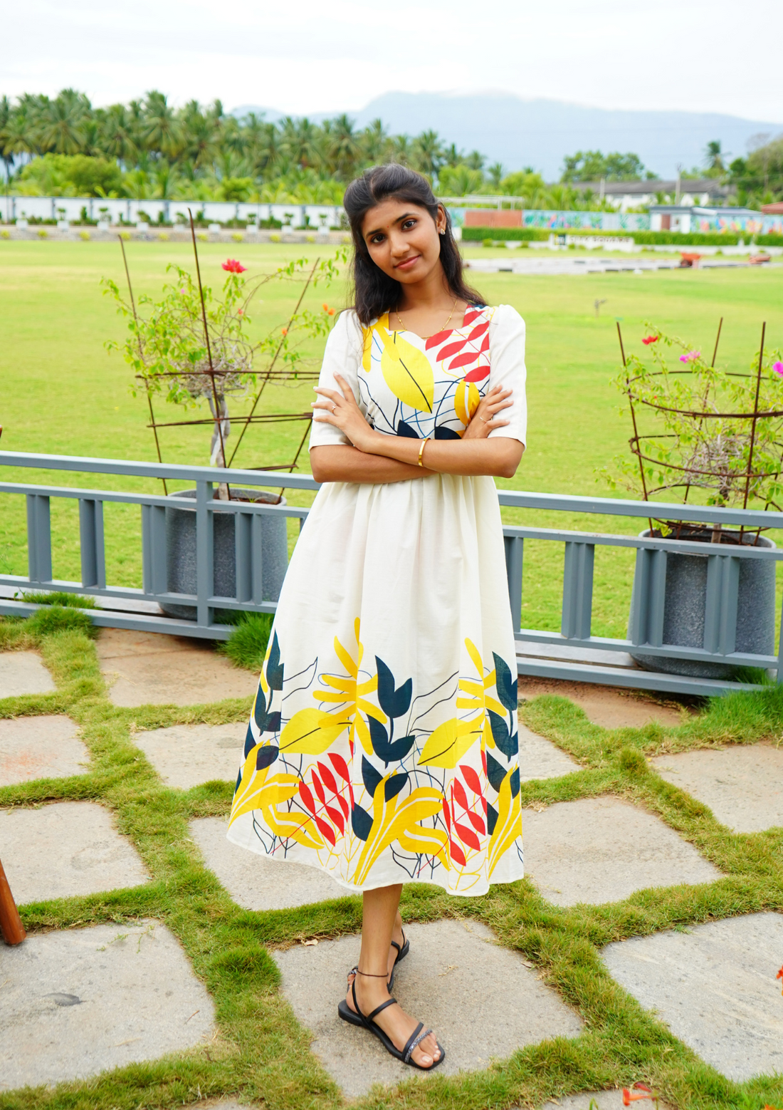 Floral White Cotton Midi Dress