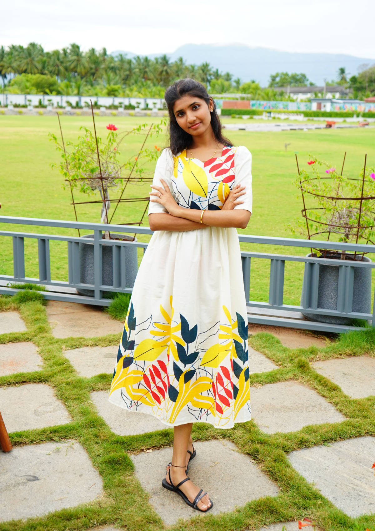 Floral White Cotton Midi Dress