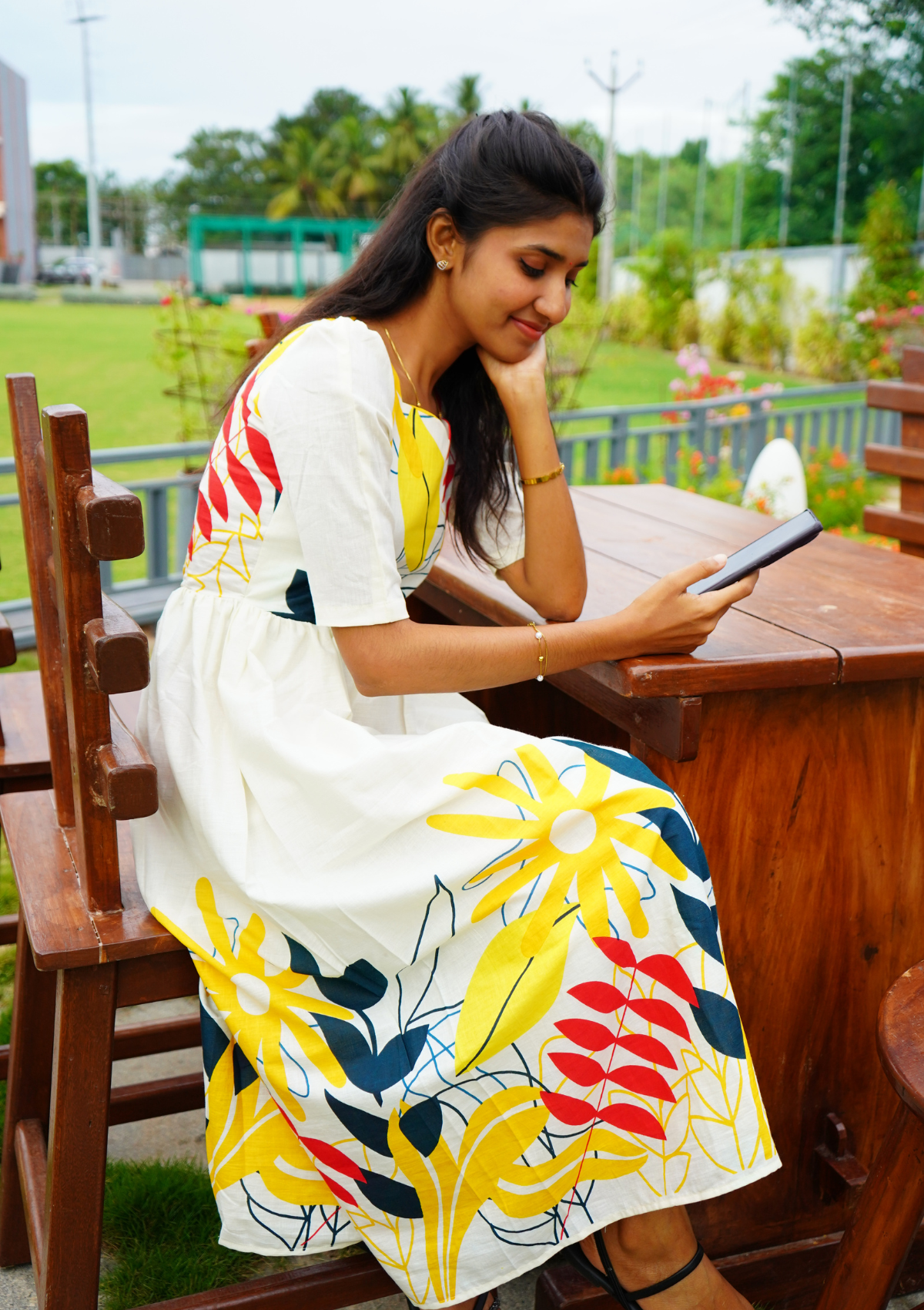 Floral White Cotton Midi Dress