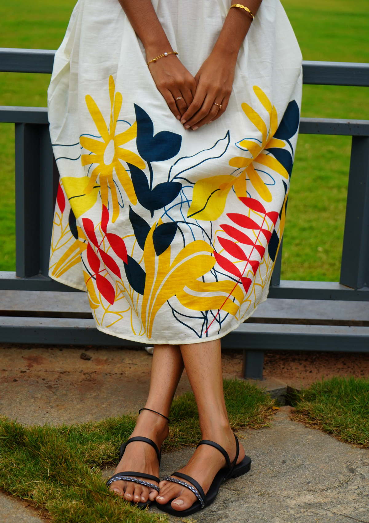 Floral White Cotton Midi Dress