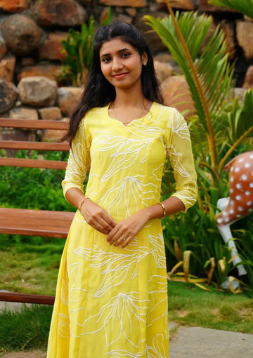LEMON-YELLOW HAND EMBROIDERY MUl CHANDERI Aline Kurti