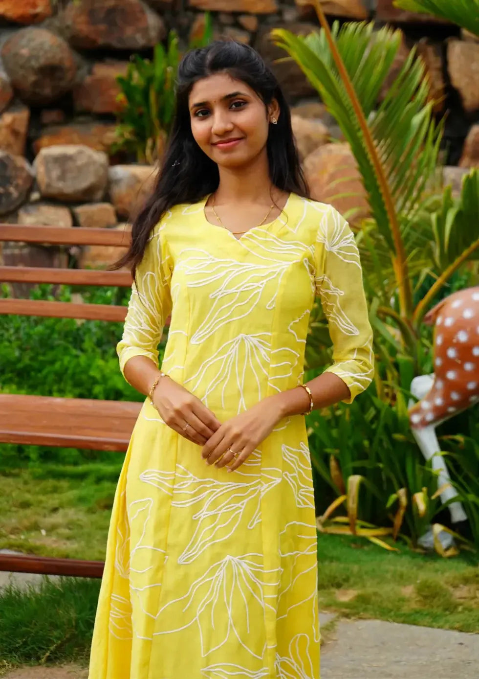 LEMON-YELLOW HAND EMBROIDERY MUl CHANDERI Aline Kurti