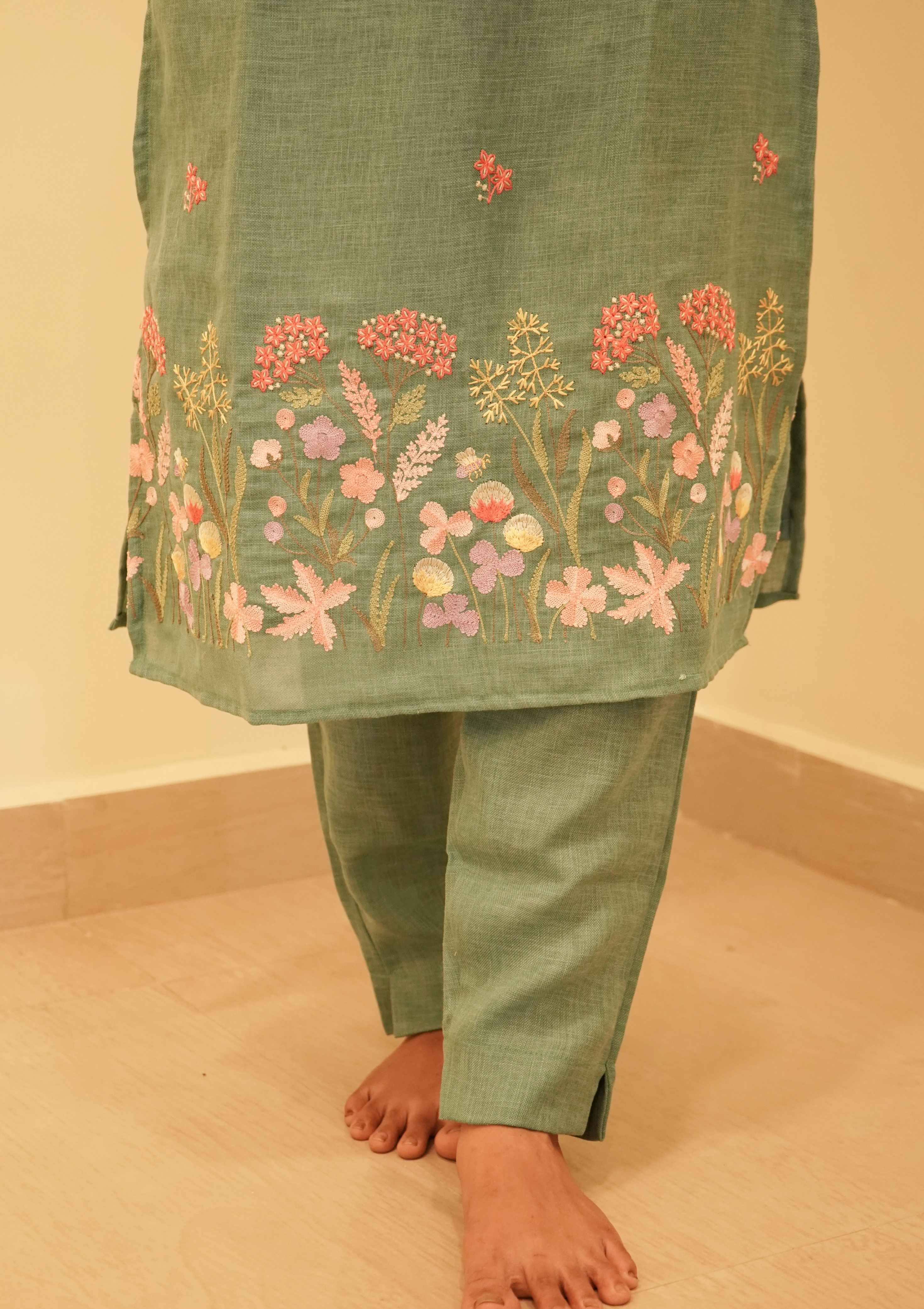 Teak Green Coords with Floral Embroidery