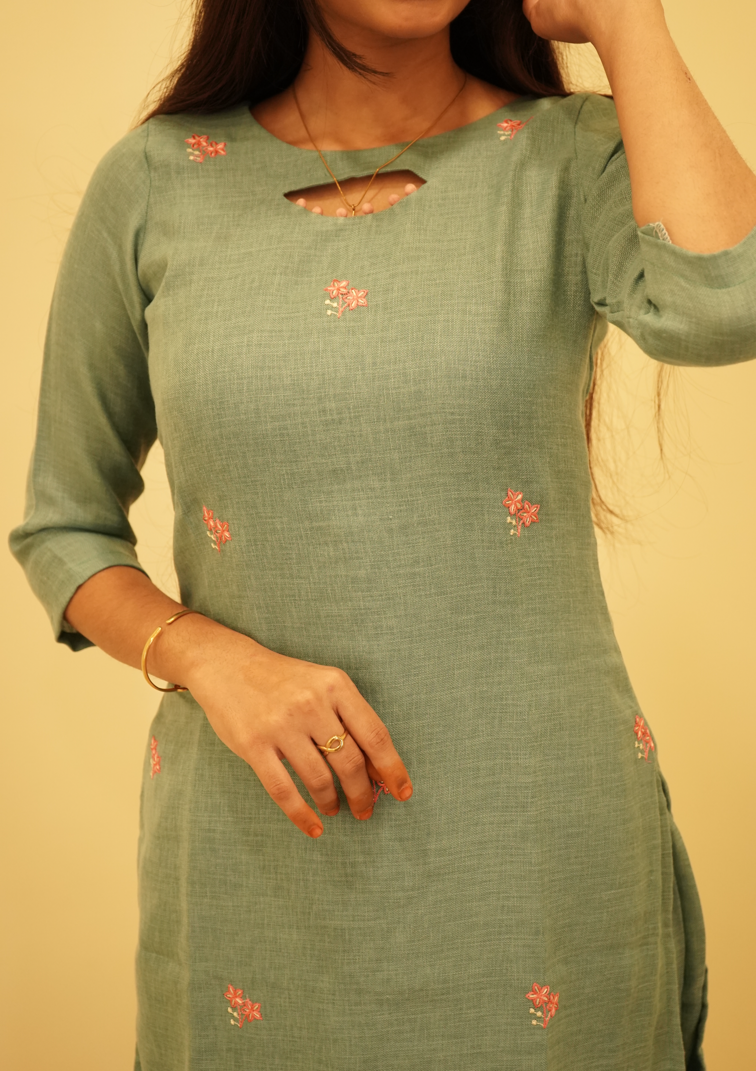 Teak Green Coords with Floral Embroidery