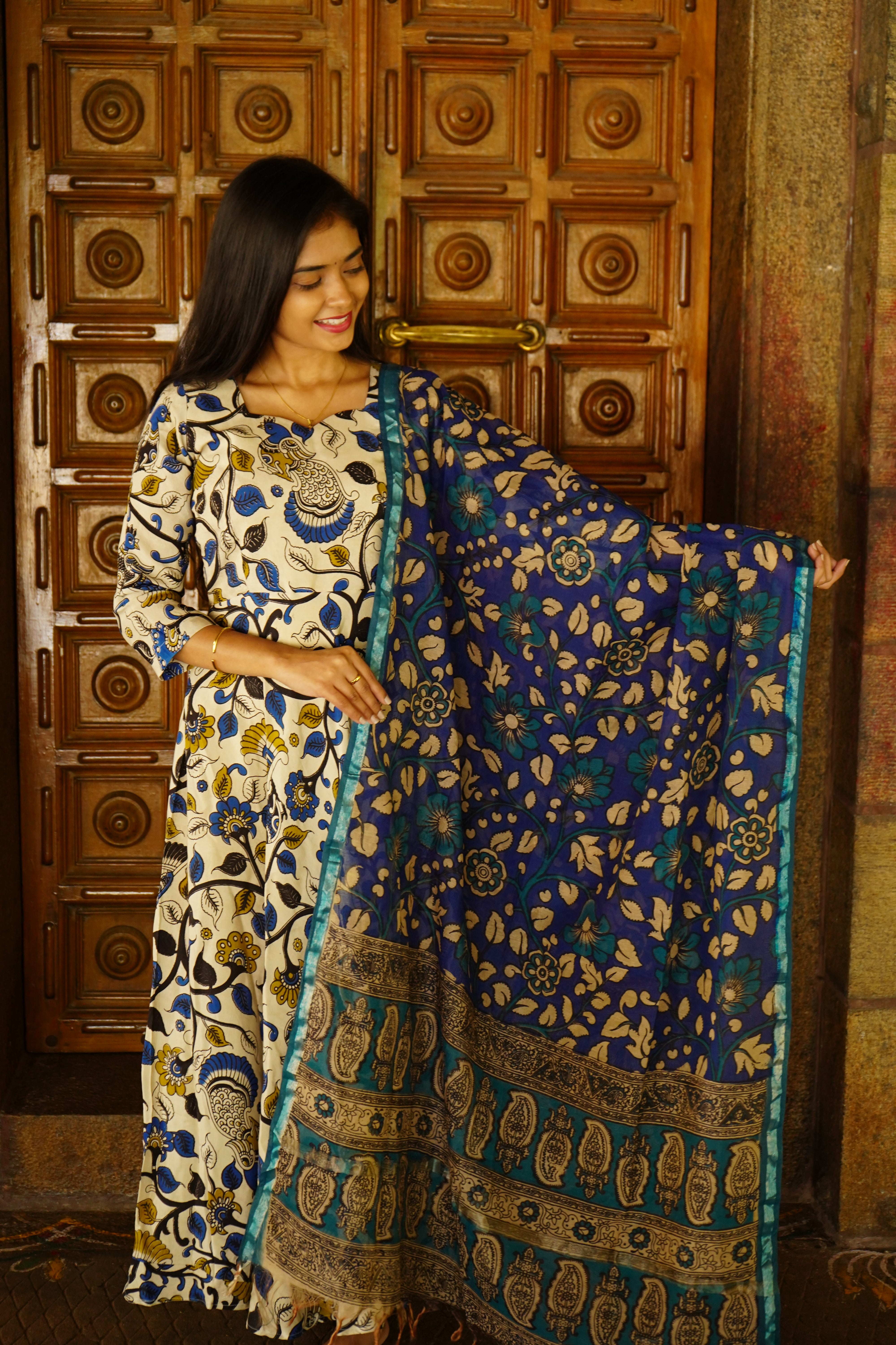 Kalamkari Anarkali floral Nizam border set