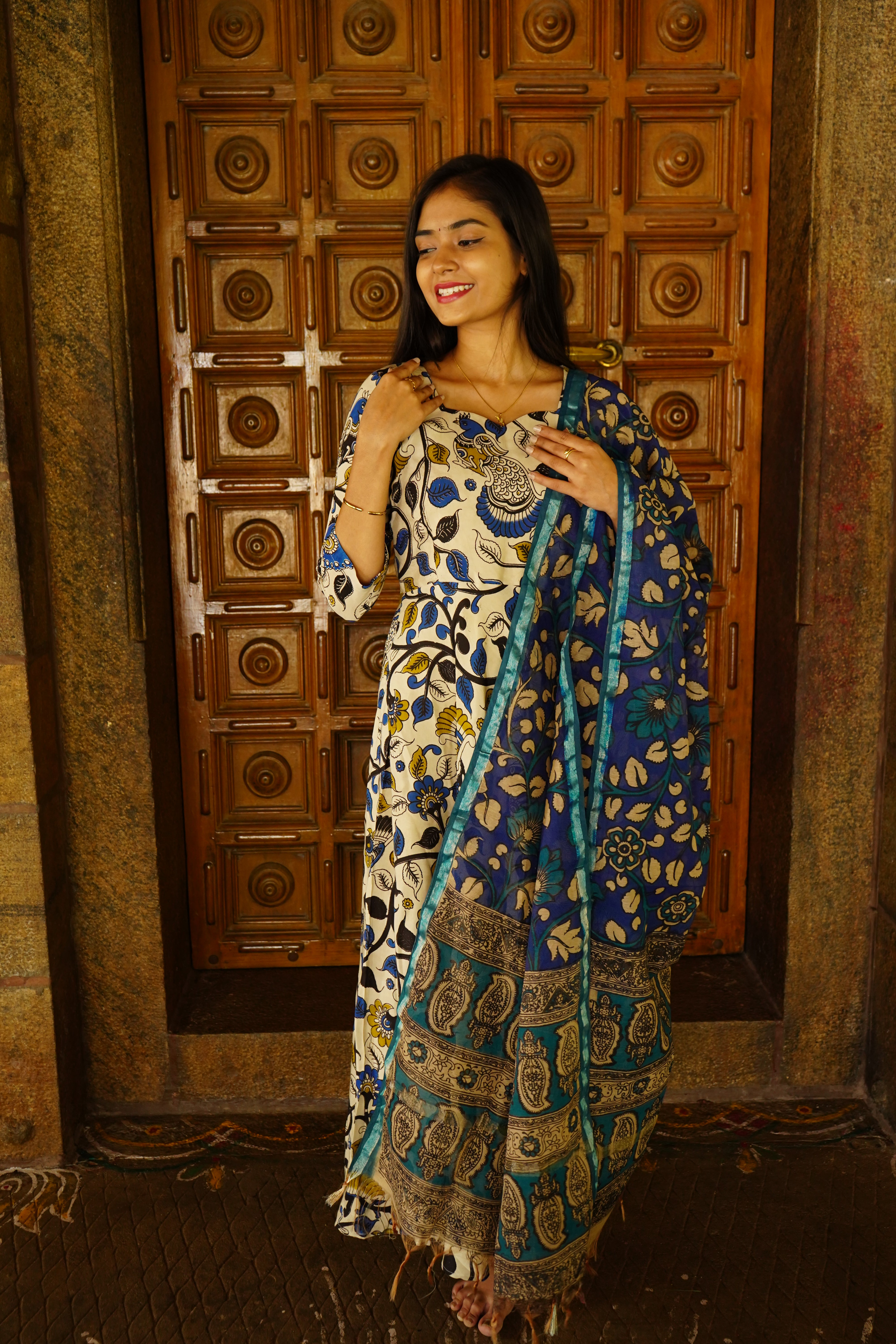 Kalamkari Anarkali floral Nizam border set