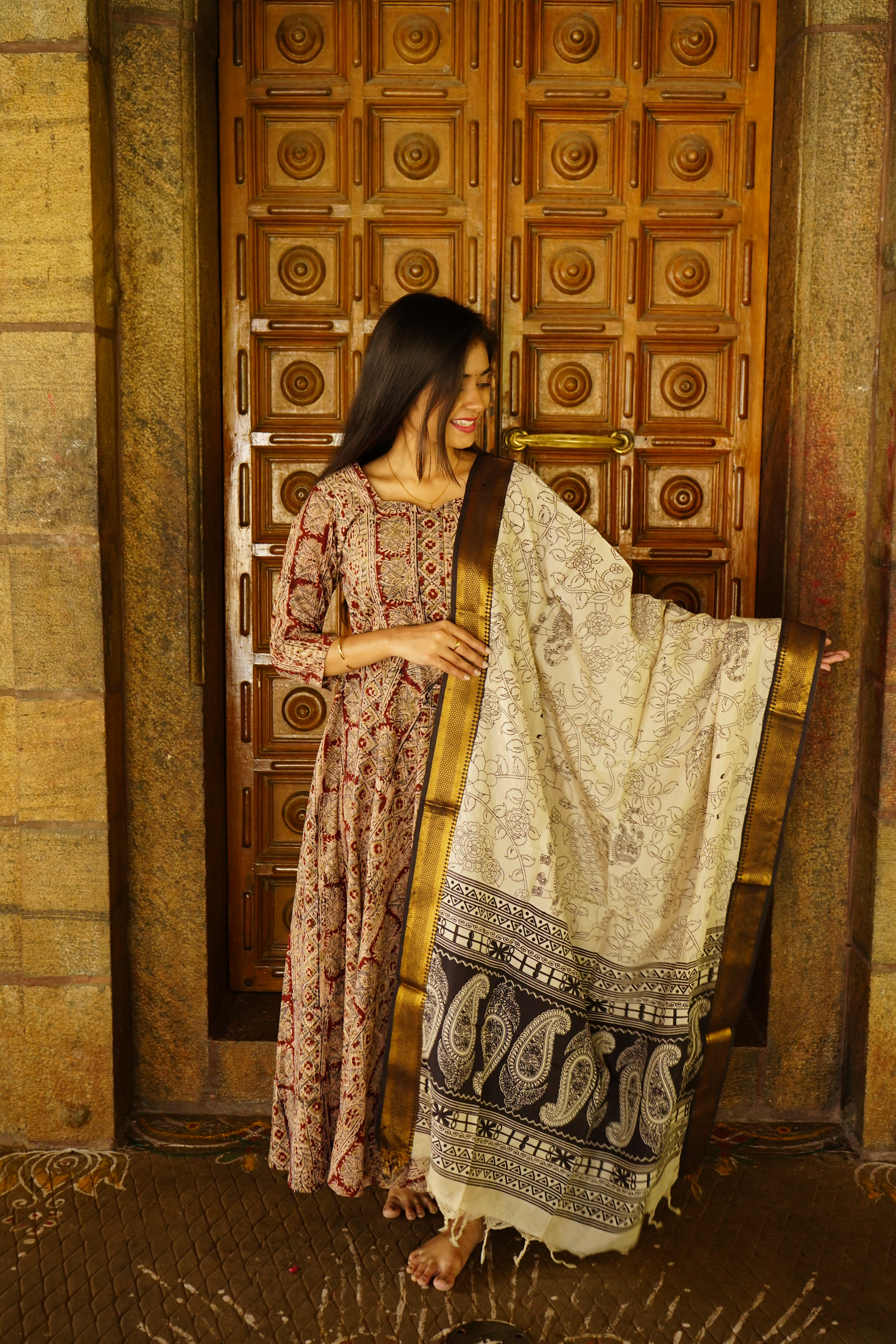 Kalamkari Anarkali paired with a Nizam Border Dupatta sets