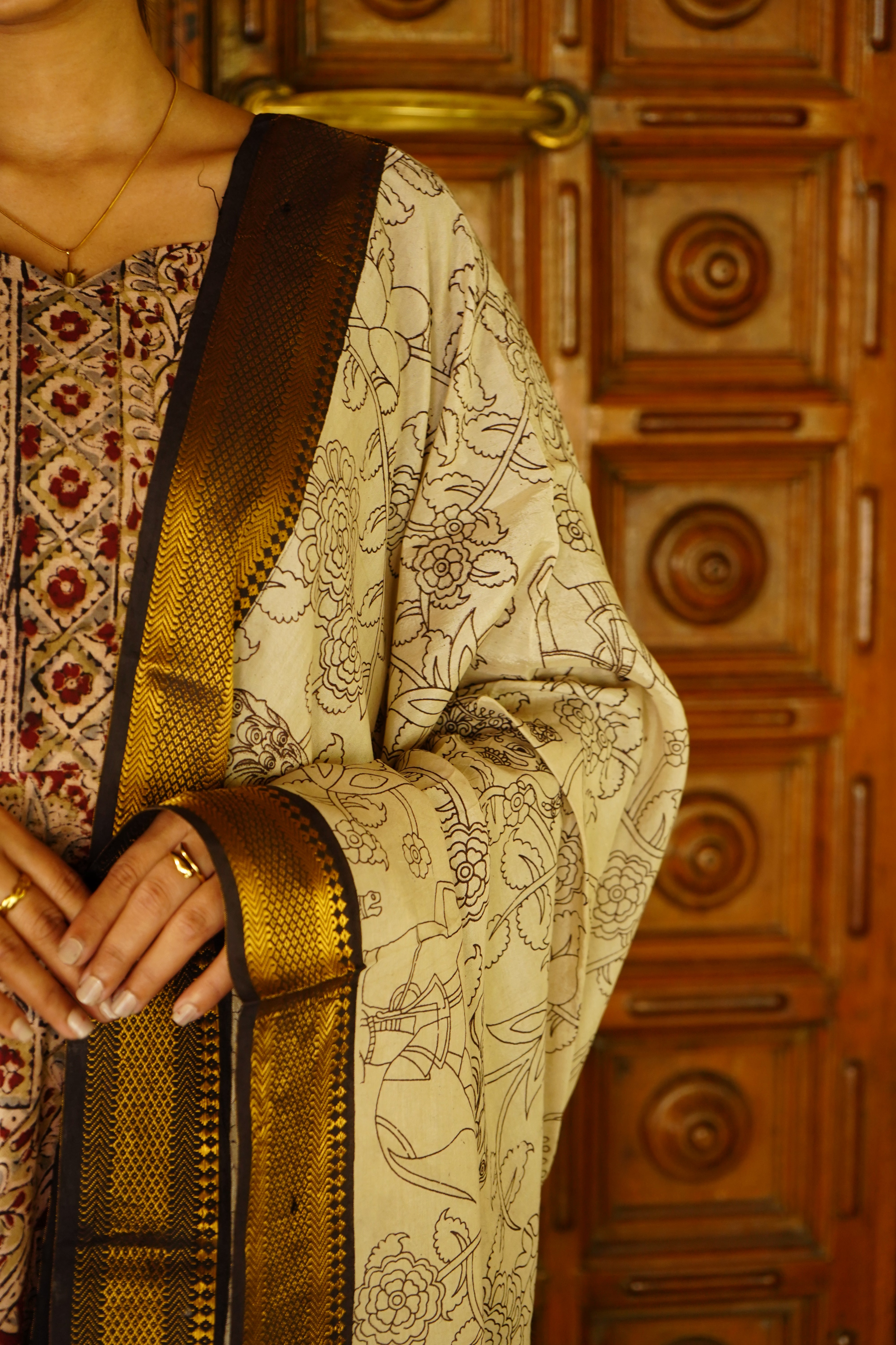 Kalamkari Anarkali paired with a Nizam Border Dupatta sets