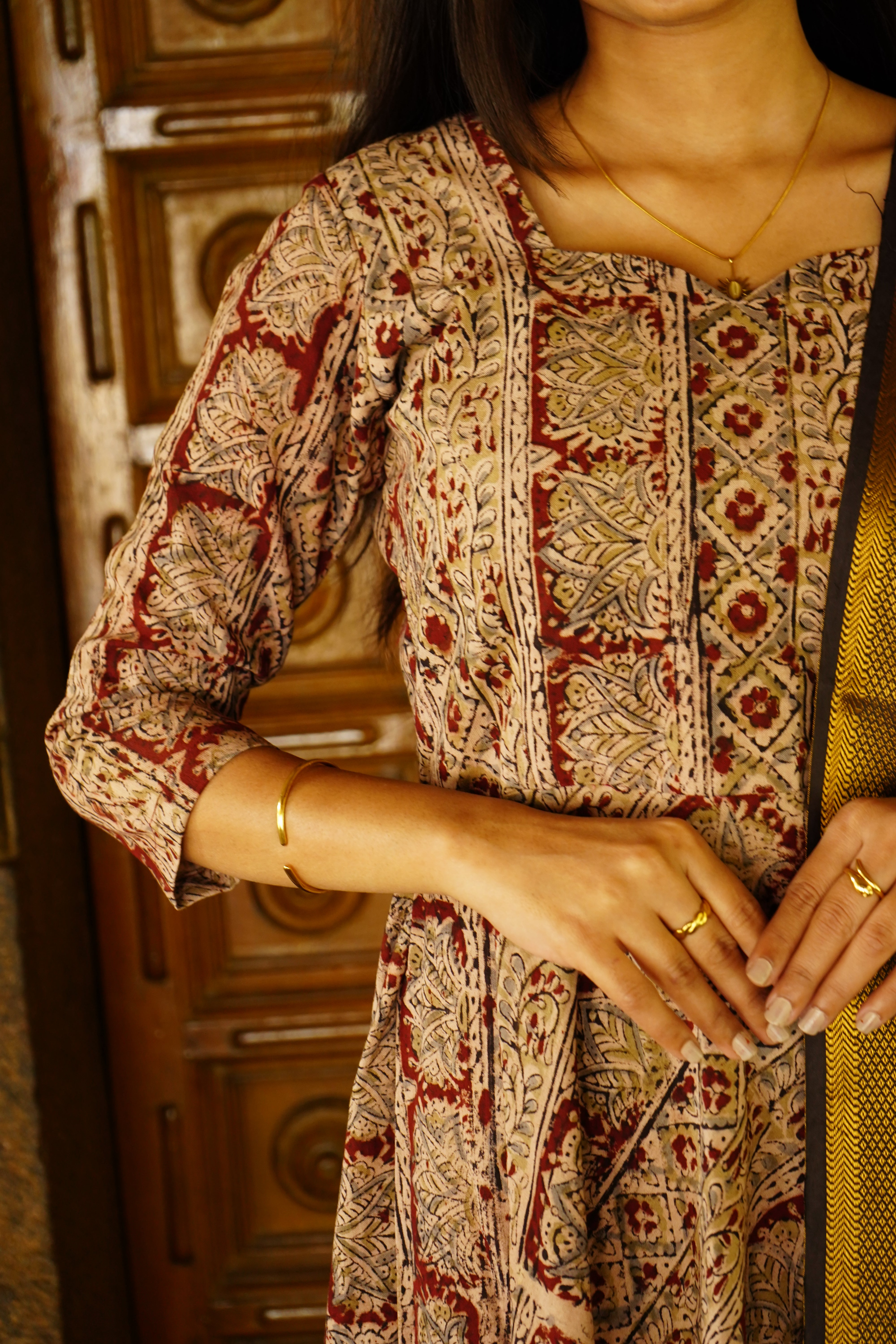 Kalamkari Anarkali paired with a Nizam Border Dupatta sets
