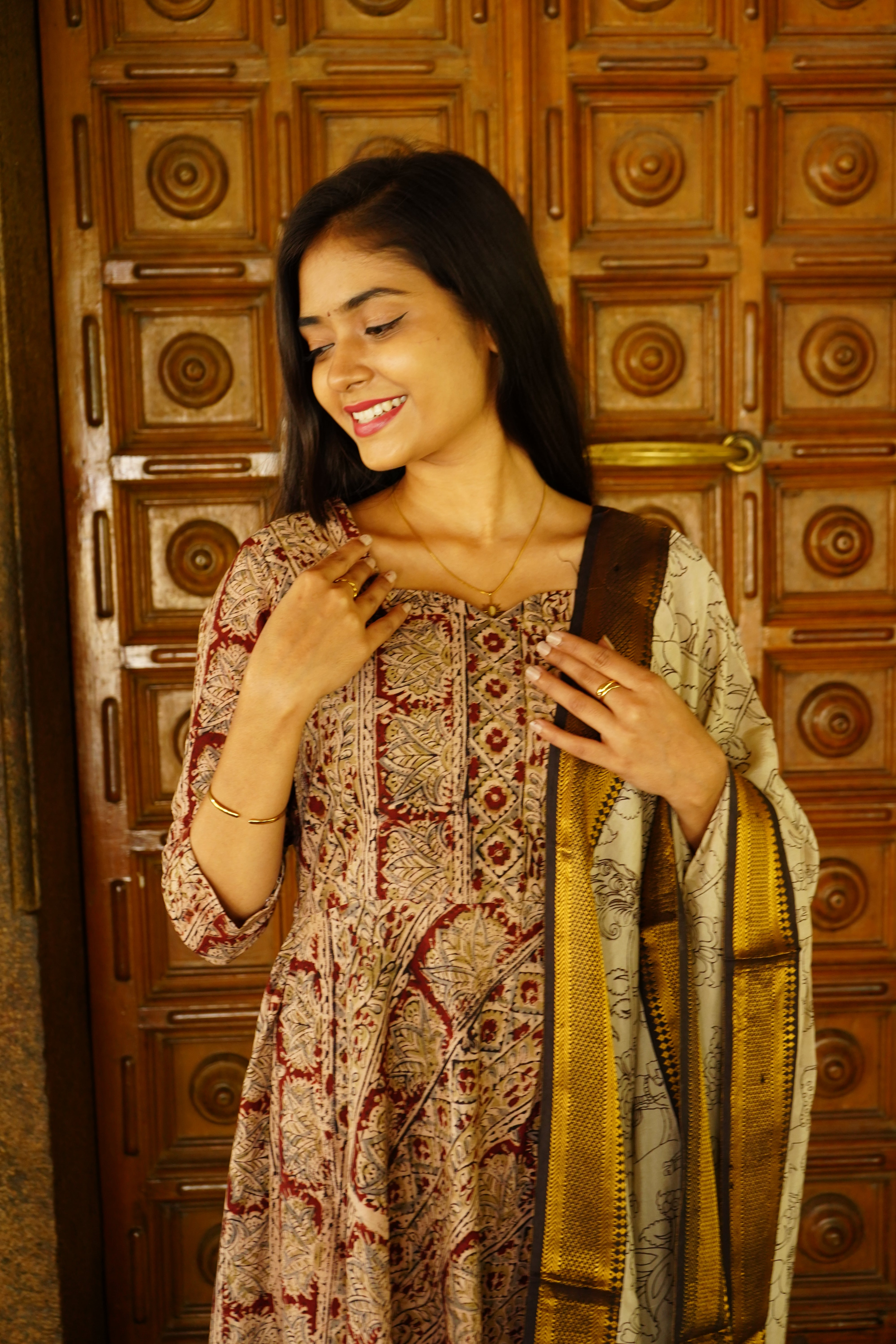Kalamkari Anarkali paired with a Nizam Border Dupatta sets