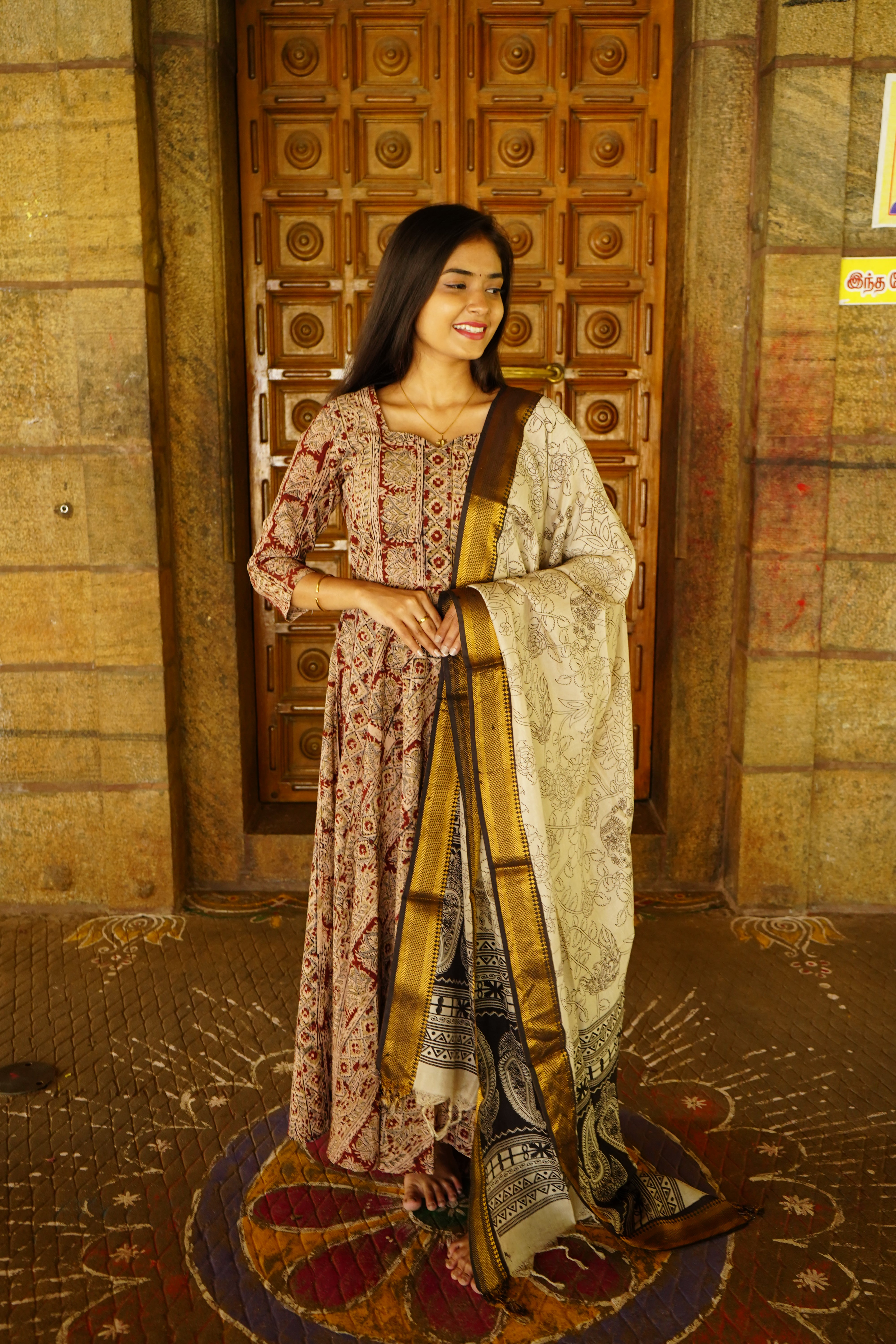 Kalamkari Anarkali paired with a Nizam Border Dupatta sets