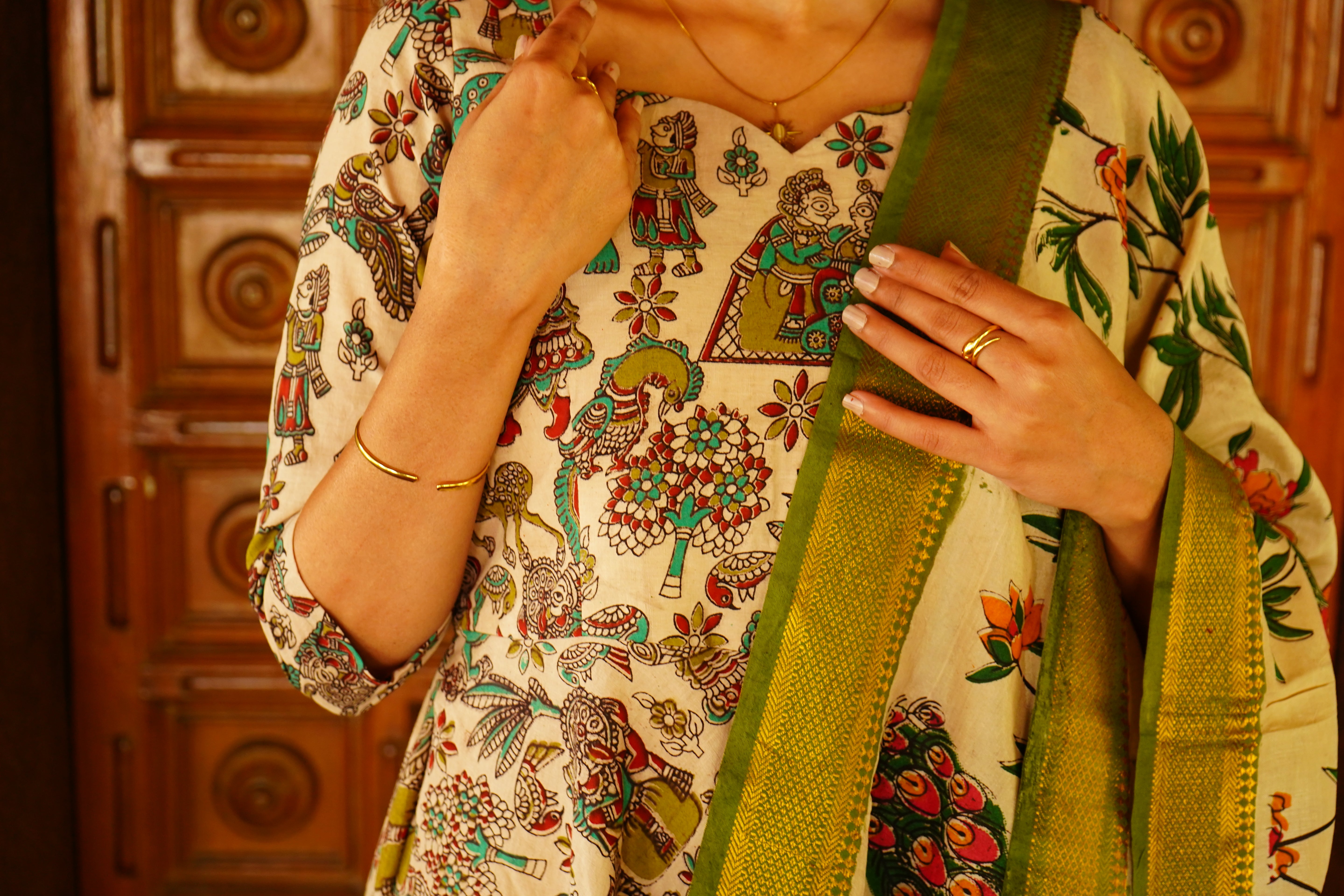 Green handloom Kalamkari Nizam Anarkali suits