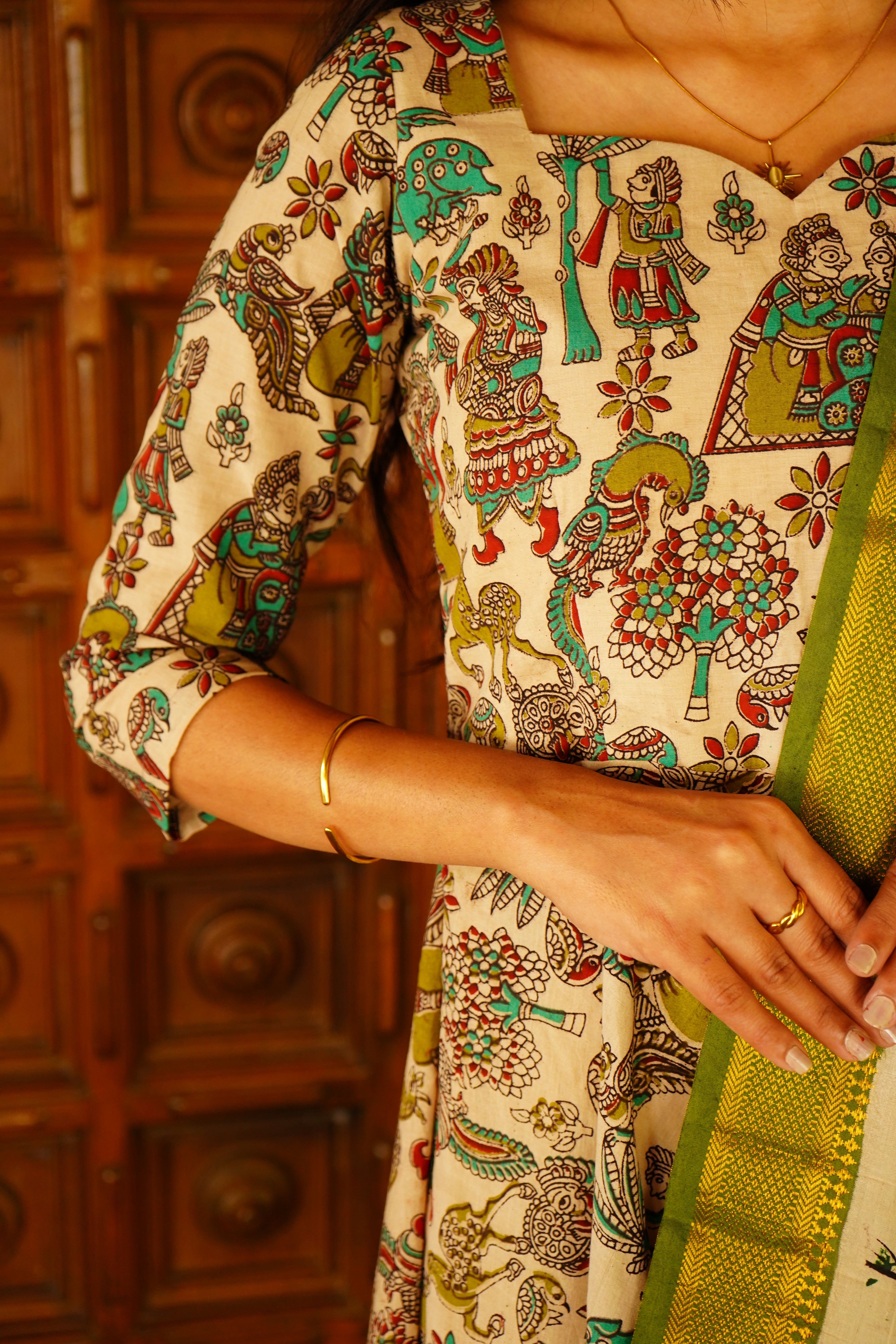 Green handloom Kalamkari Nizam Anarkali suits