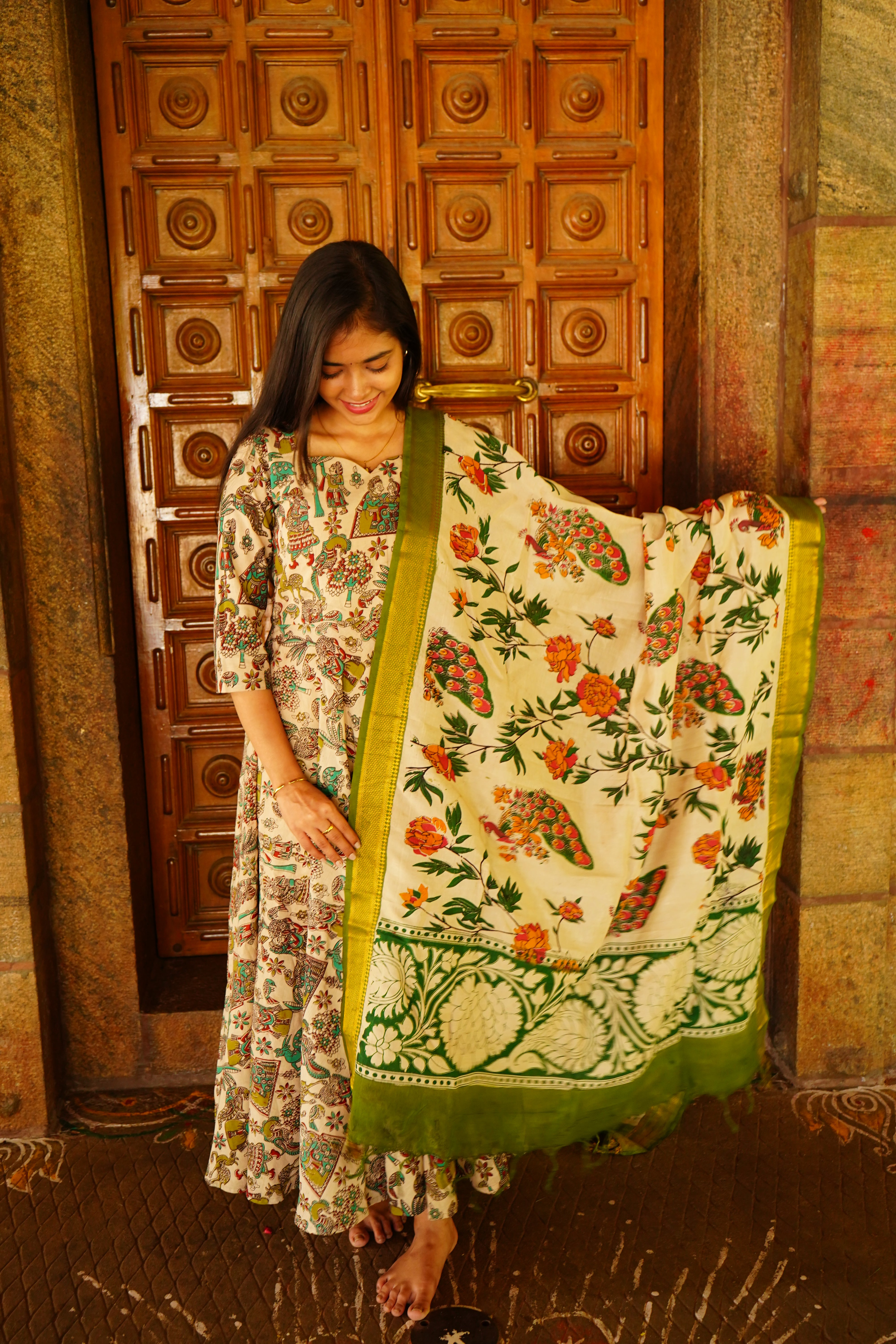 Green handloom Kalamkari Nizam Anarkali suits
