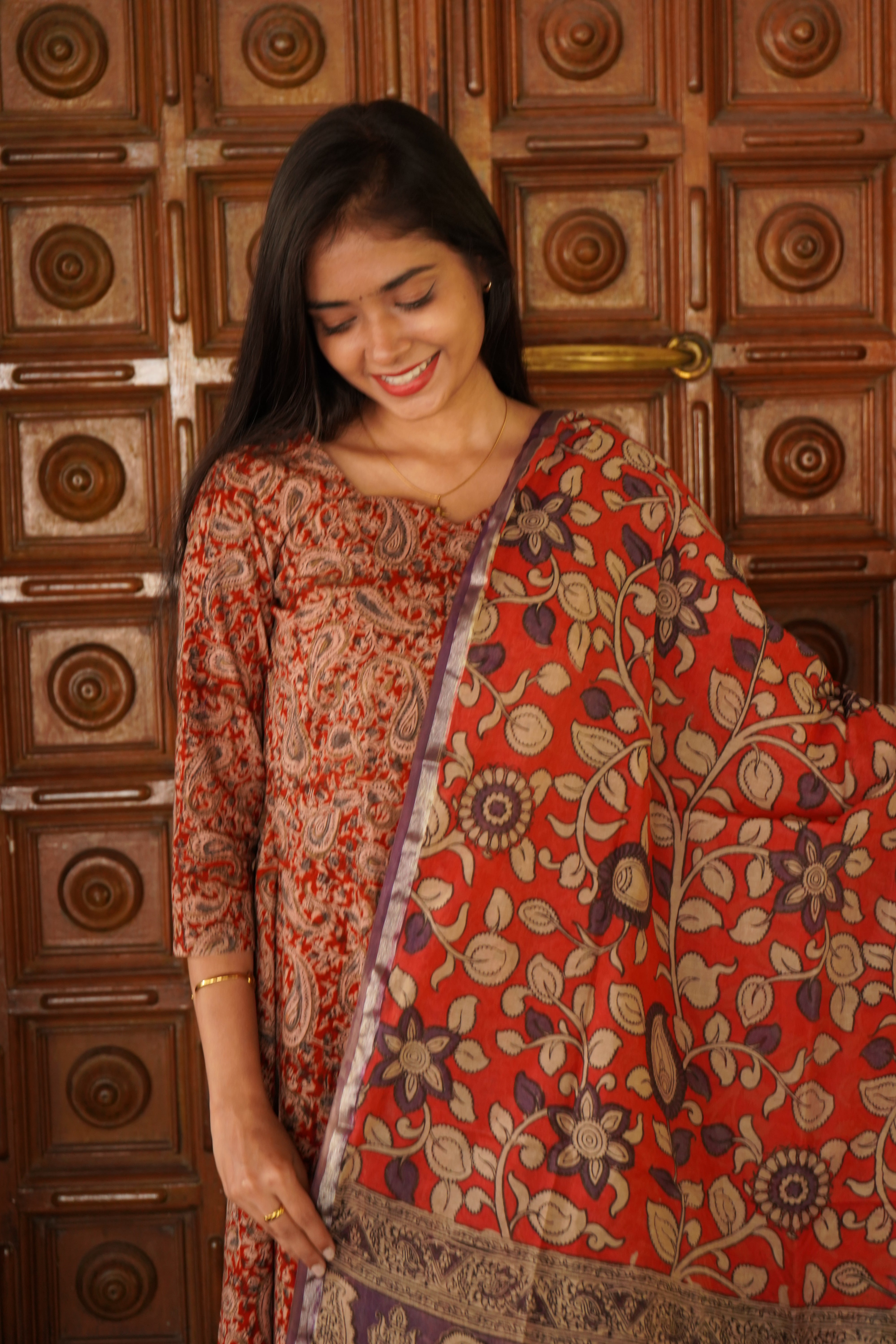 Green handloom Kalamkari Nizam Anarkali suits