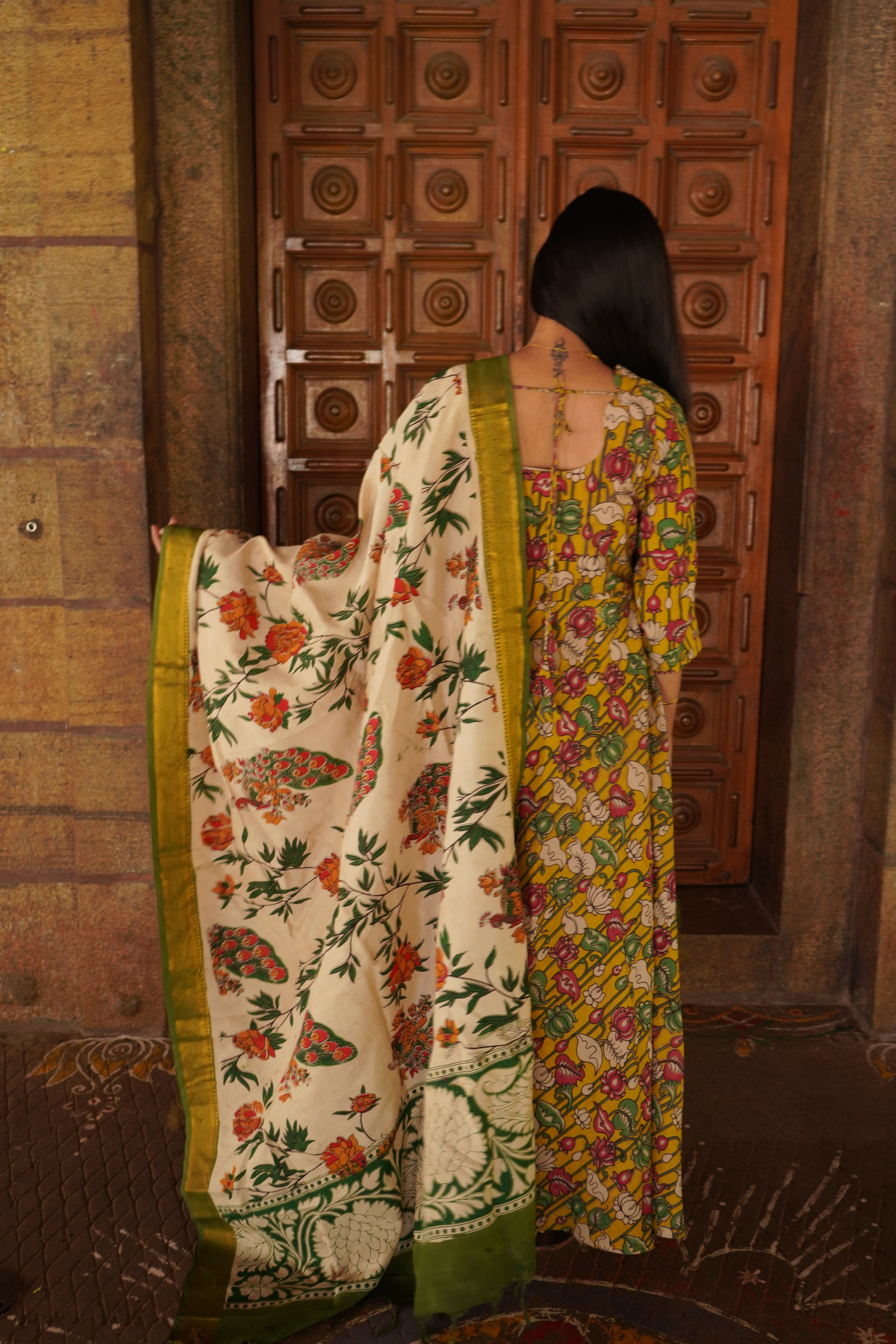 Green handloom Kalamkari Nizam Anarkali suits