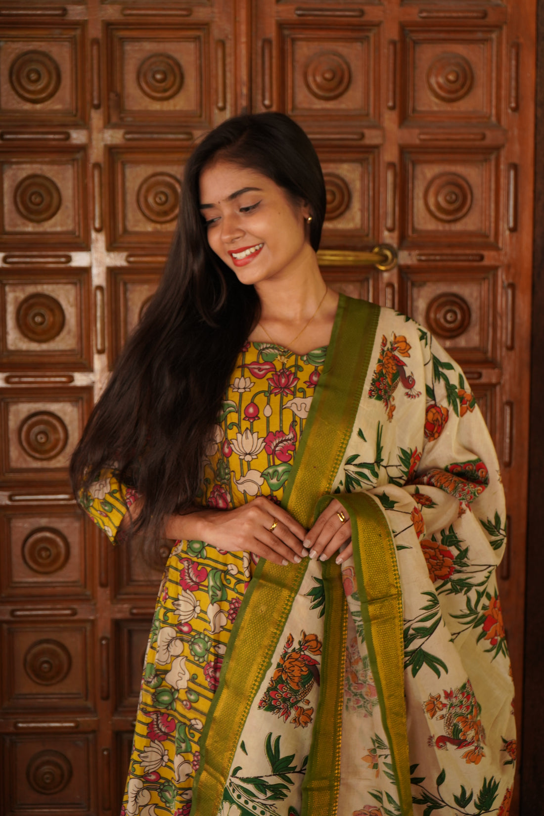 Green handloom Kalamkari Nizam Anarkali suits