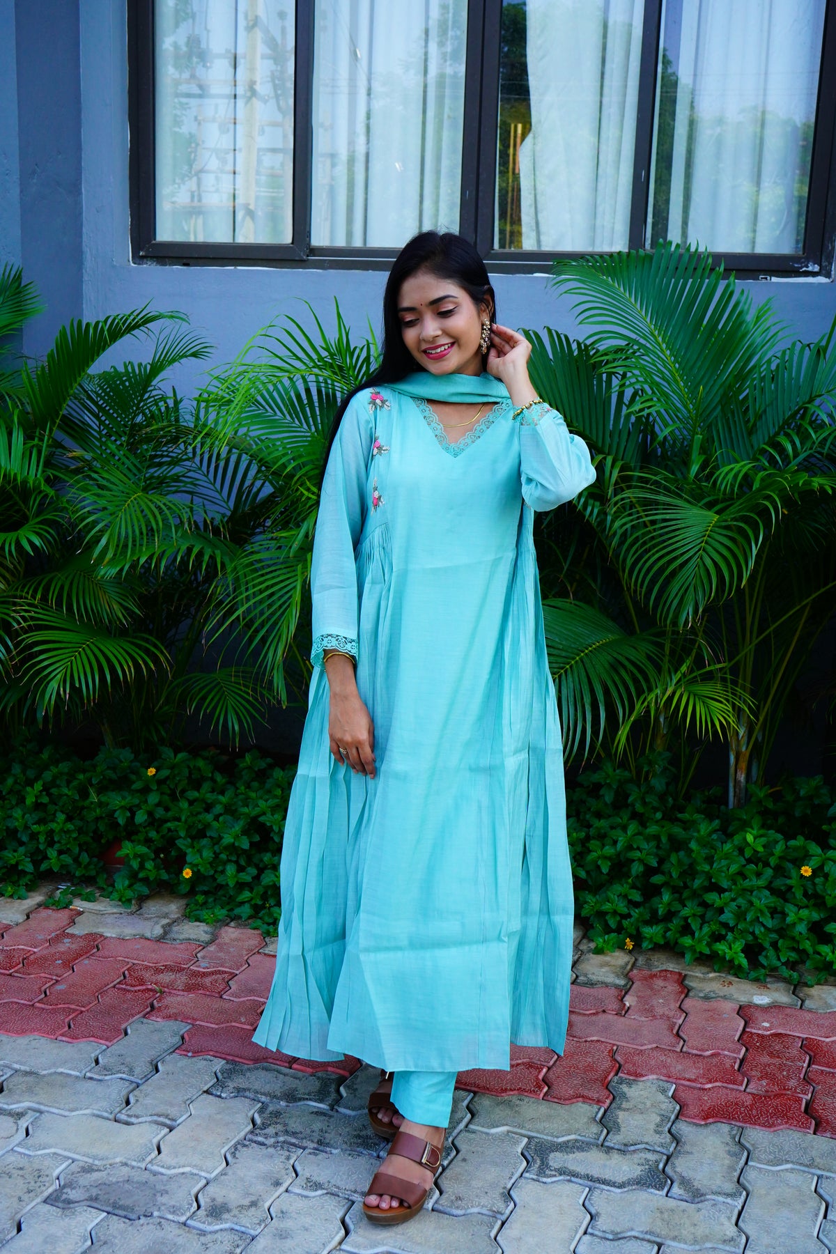 Aqua Blue Mul Chanderi 3 Piece Suit