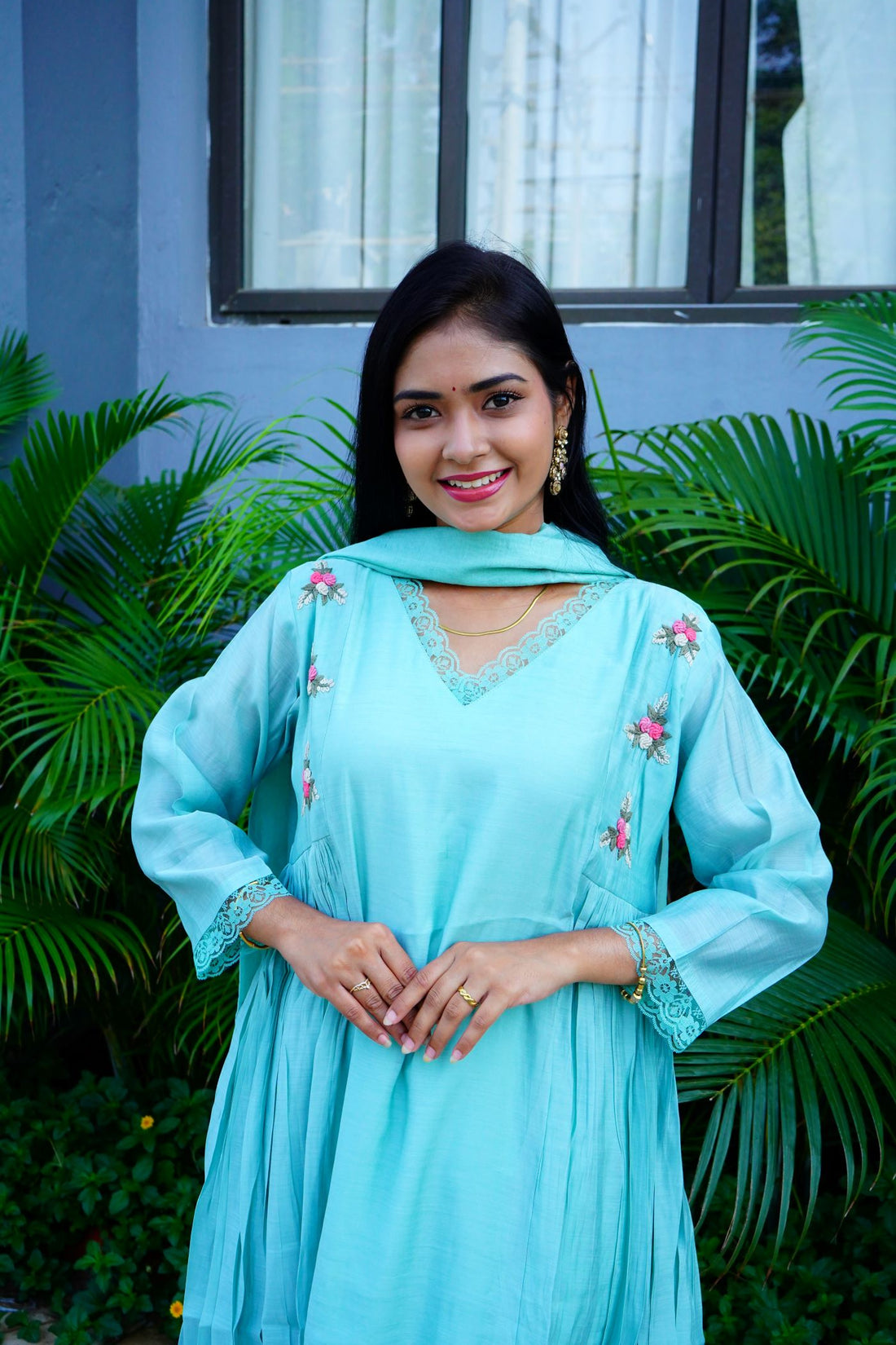Aqua Blue Mul Chanderi 3 Piece Suit