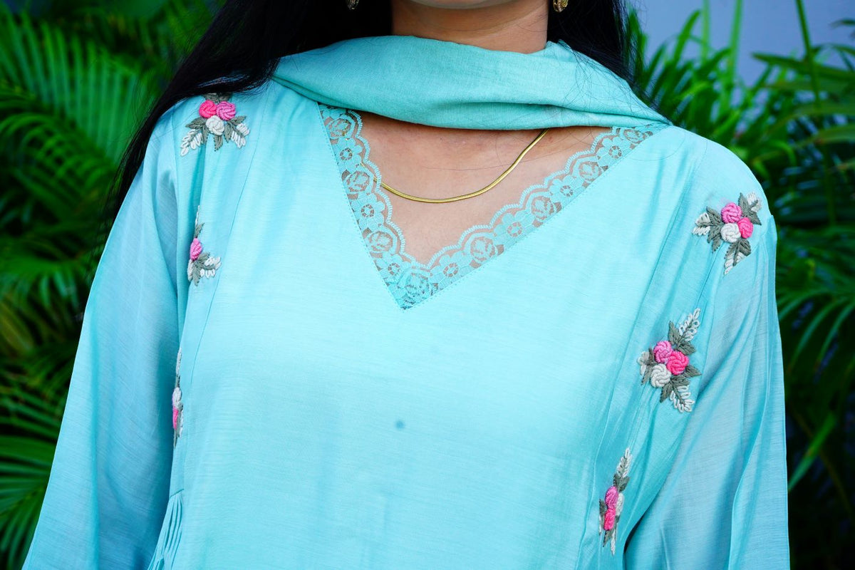 Aqua Blue Mul Chanderi 3 Piece Suit