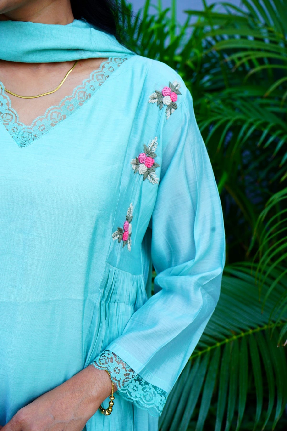 Aqua Blue Mul Chanderi 3 Piece Suit