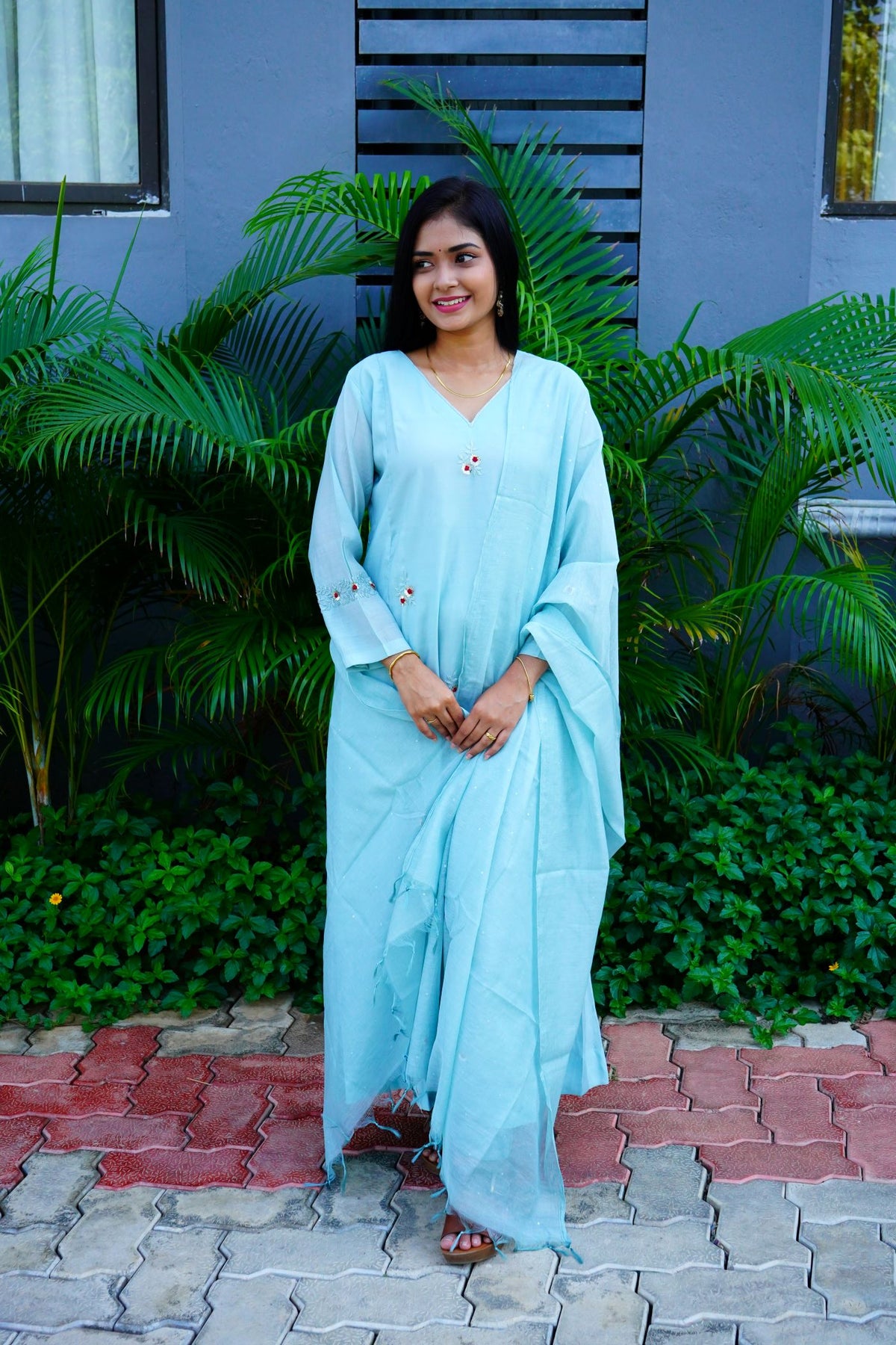 Pastel Sea Blue Mul Chanderi Antique Kurta Set