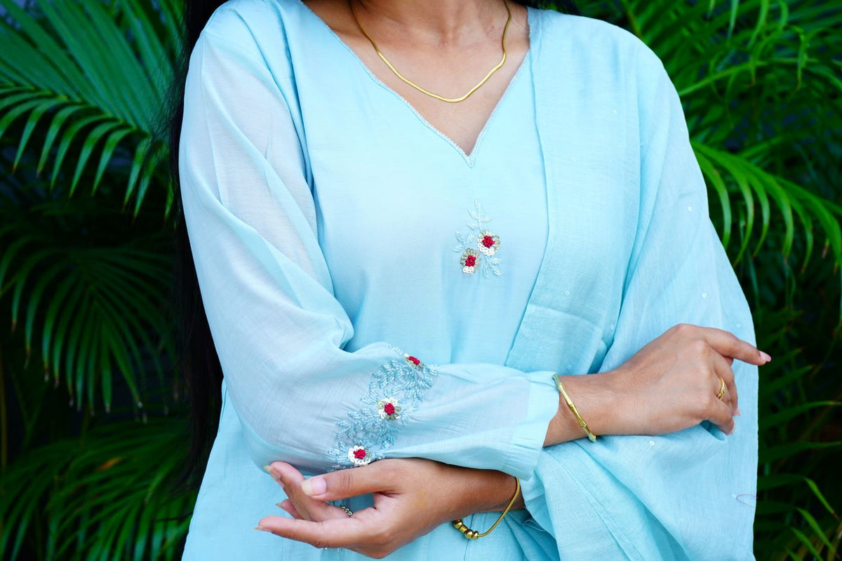 Pastel Sea Blue Mul Chanderi Antique Kurta Set