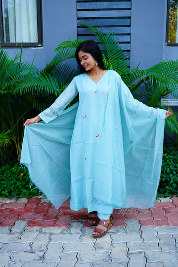 Pastel Sea Blue Mul Chanderi Antique Kurta Set