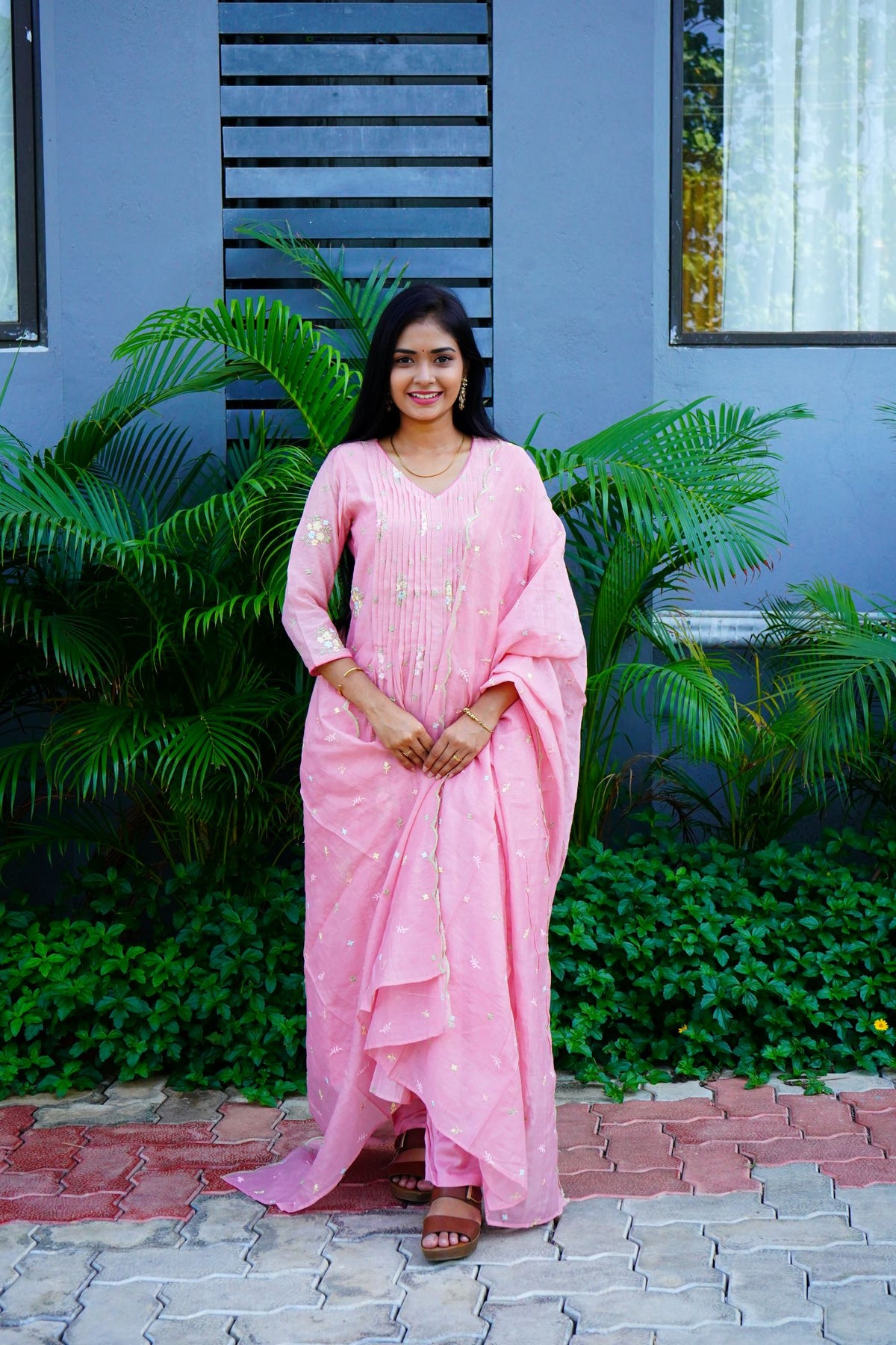 Pastel pink Mul Chanderi Kurta Set