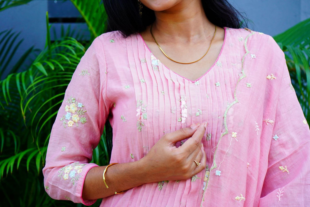 Pastel pink Mul Chanderi Kurta Set