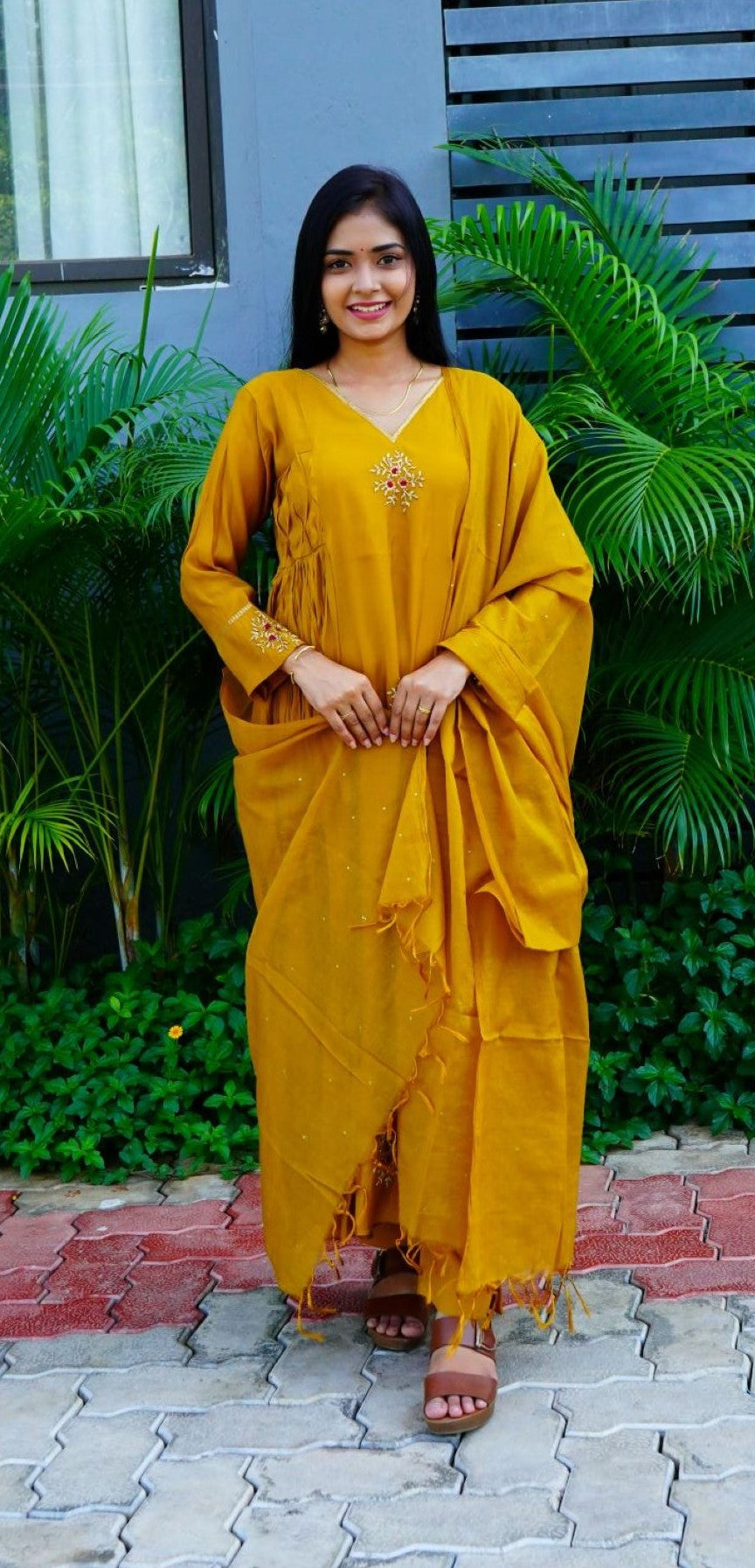 Mustard Mul Chanderi Antique Kurta Set