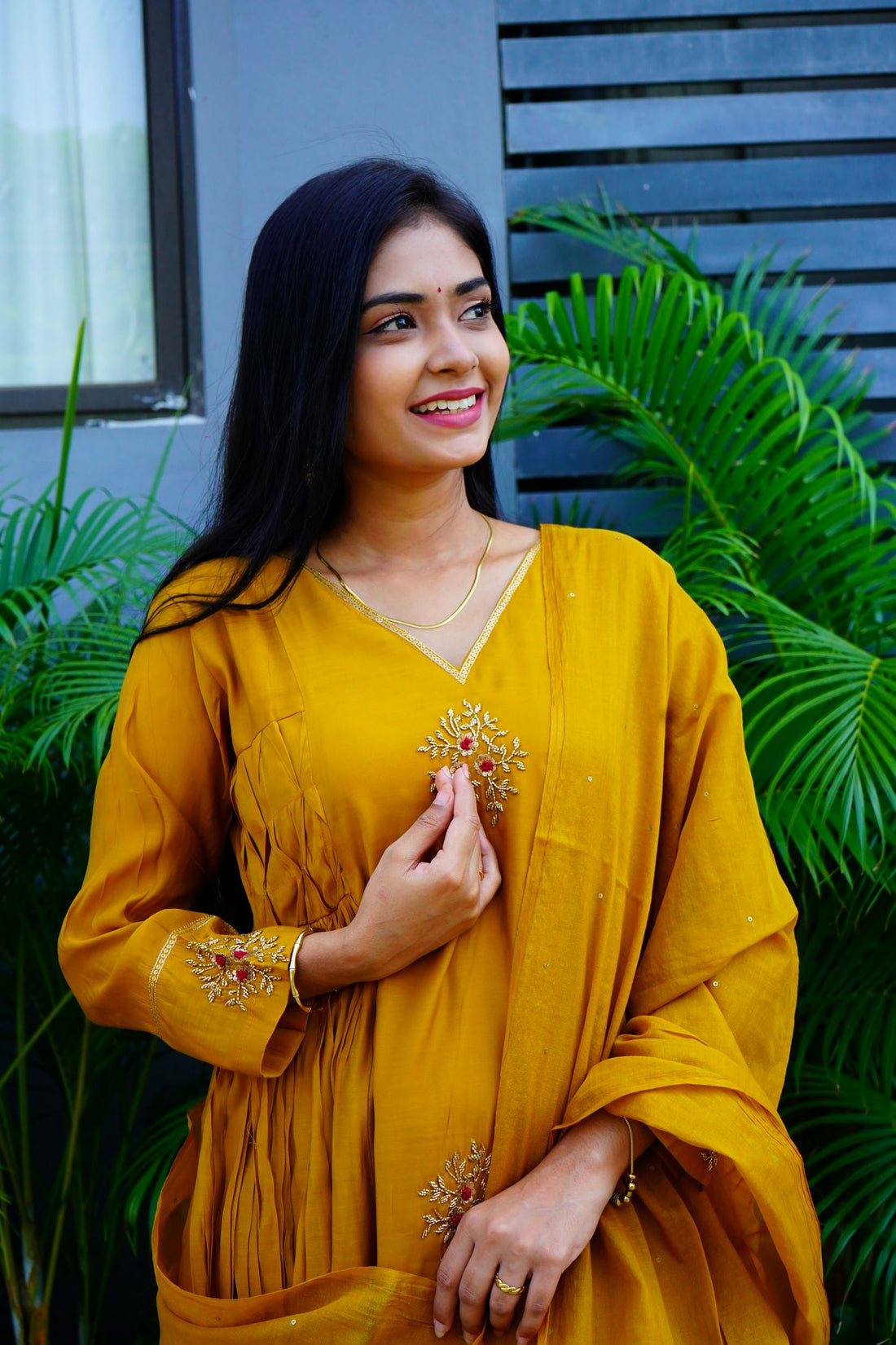 Mustard Mul Chanderi Antique Kurta Set