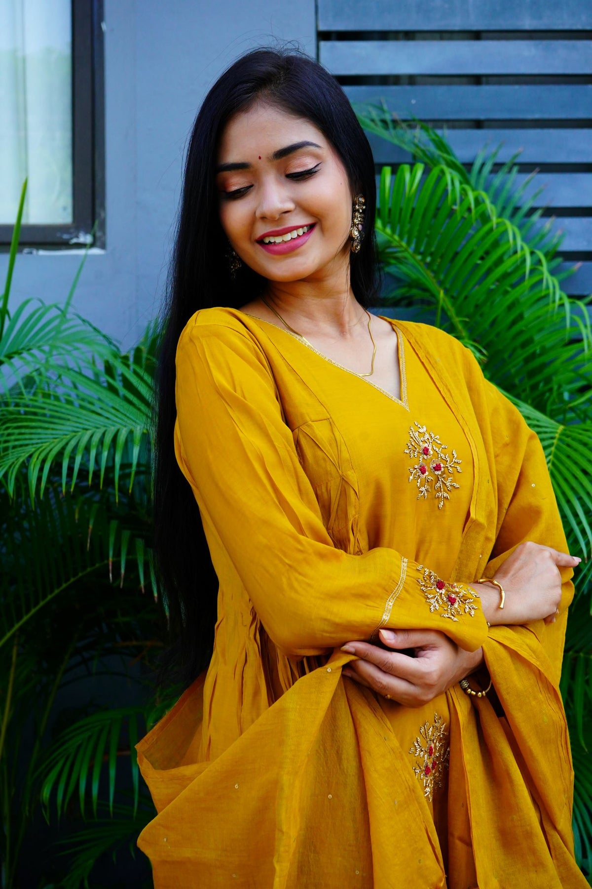 Mustard Mul Chanderi Antique Kurta Set