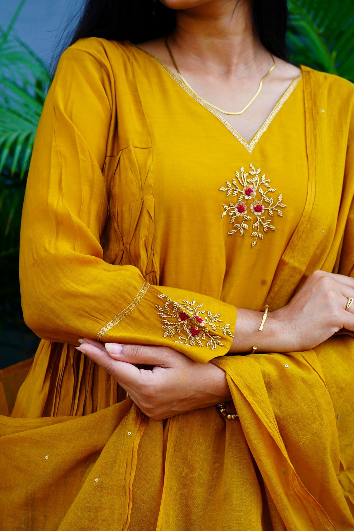 Mustard Mul Chanderi Antique Kurta Set
