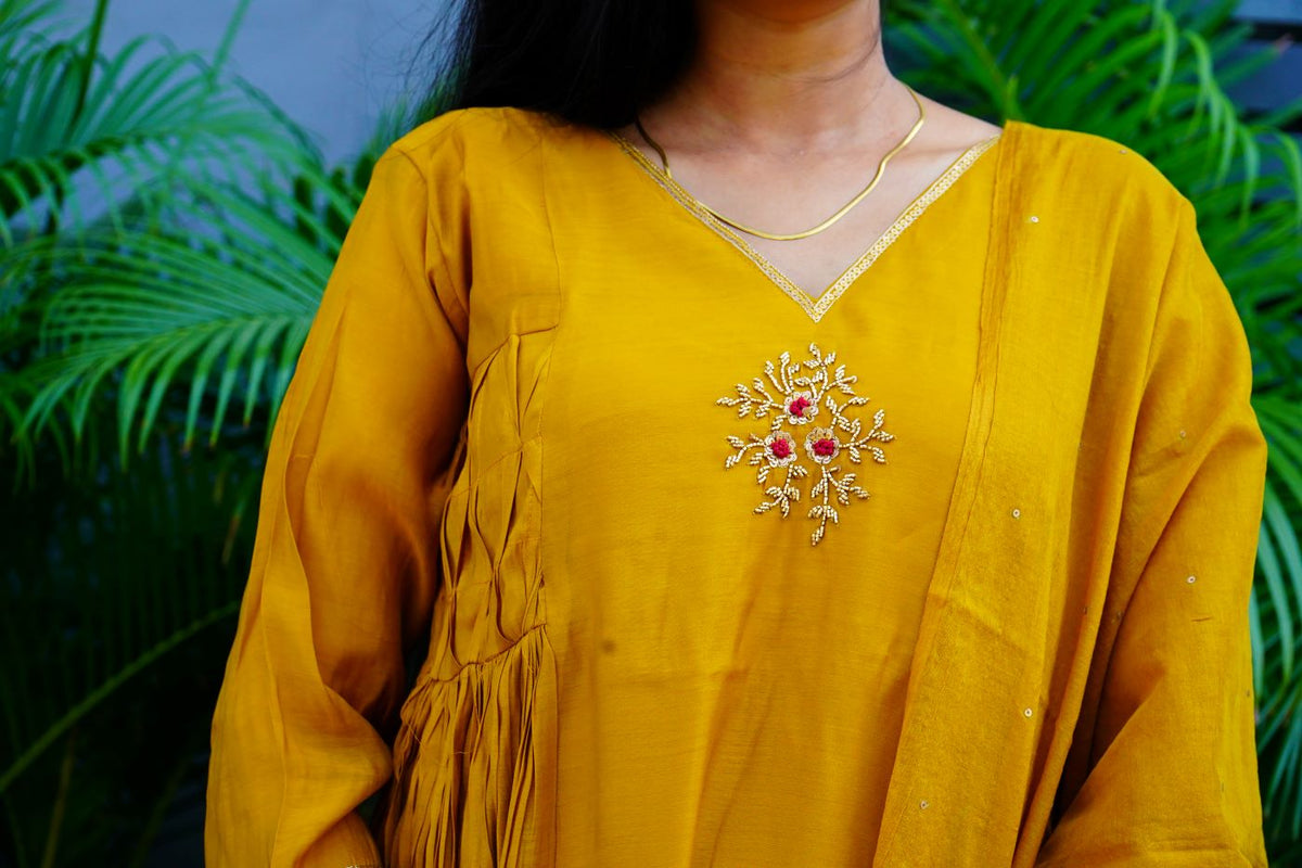 Mustard Mul Chanderi Antique Kurta Set